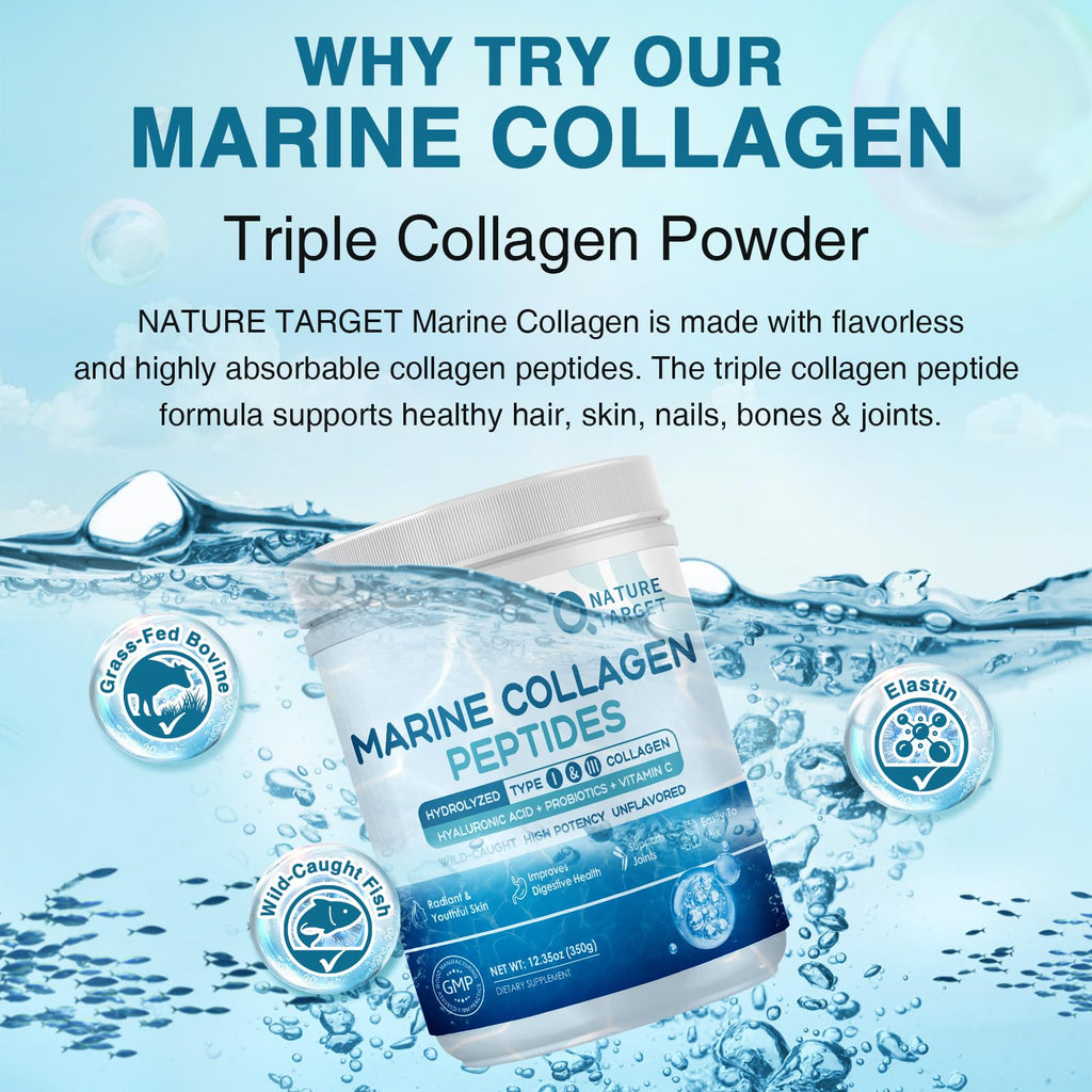 NATURE TARGET Marine Collagen Peptides Powder - Type I & III Collagen with Probiotics, Vitamin C & Hyaluronic Acid for Skin, Hair, Nails
