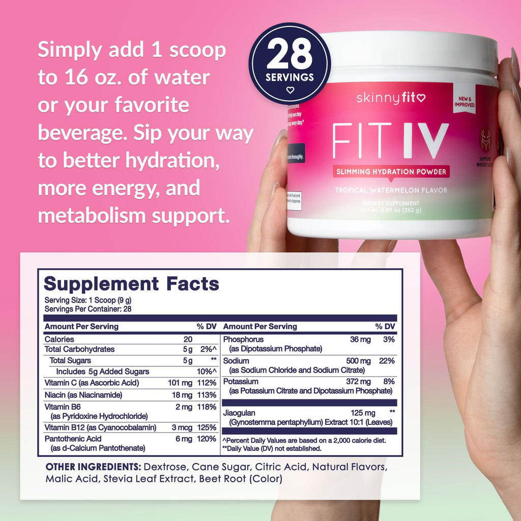 SkinnyFit - Fit IV Slimming Hydration Powder, Tropical Watermelon (Jar, 28 Scoops) - New & Improved Formula - Electrolytes, Vitamin C, Vitamin B3 - Vegan, Gluten Free, Dairy Free - Beauty & Self Care SkinnyFit Au supplements