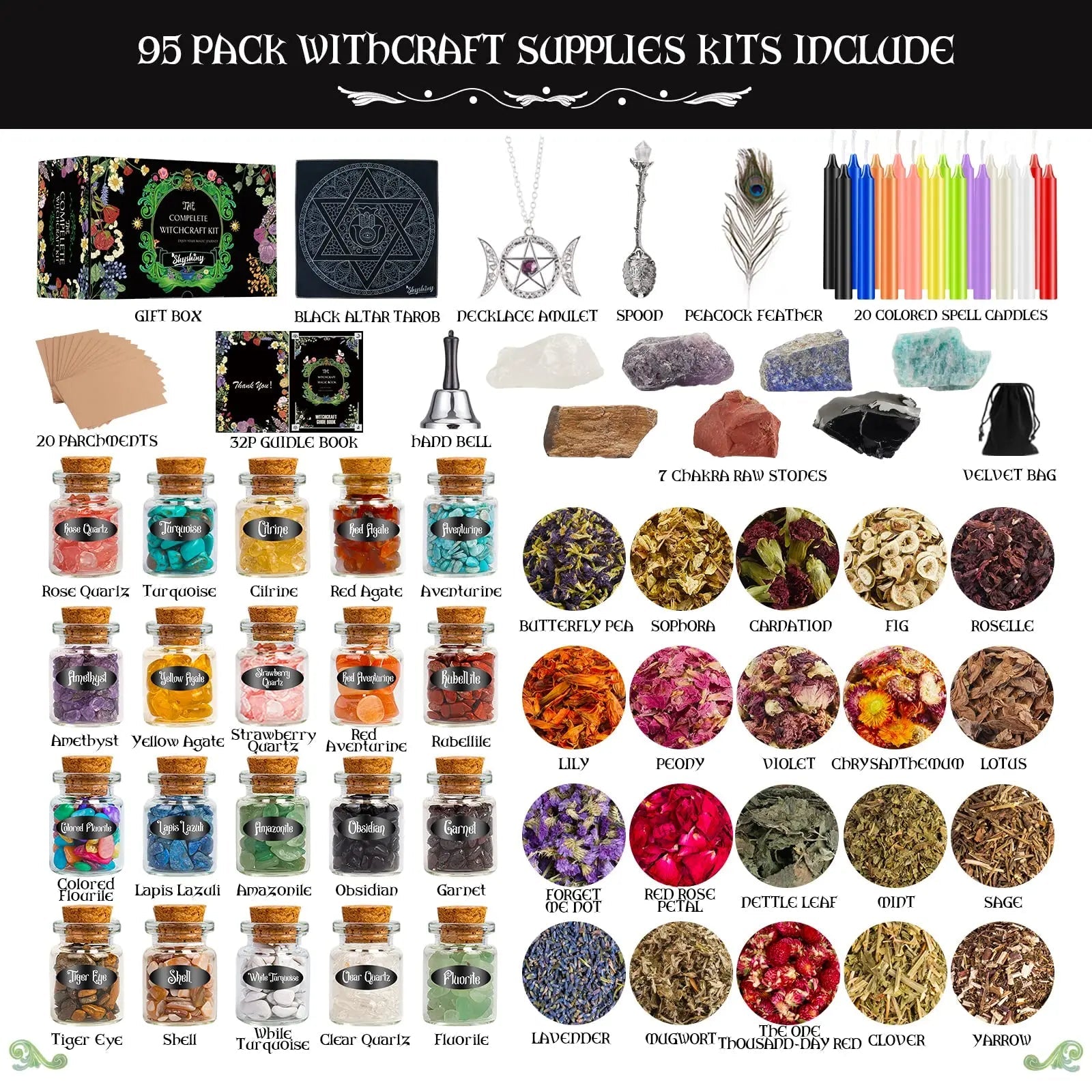SHYSHINY Witchcraft Supplies Kit for Wiccan Spells, 95 Pack of 7 Chakra Stones, Crystals, Dried Herbs SHYSHINY Au supplements