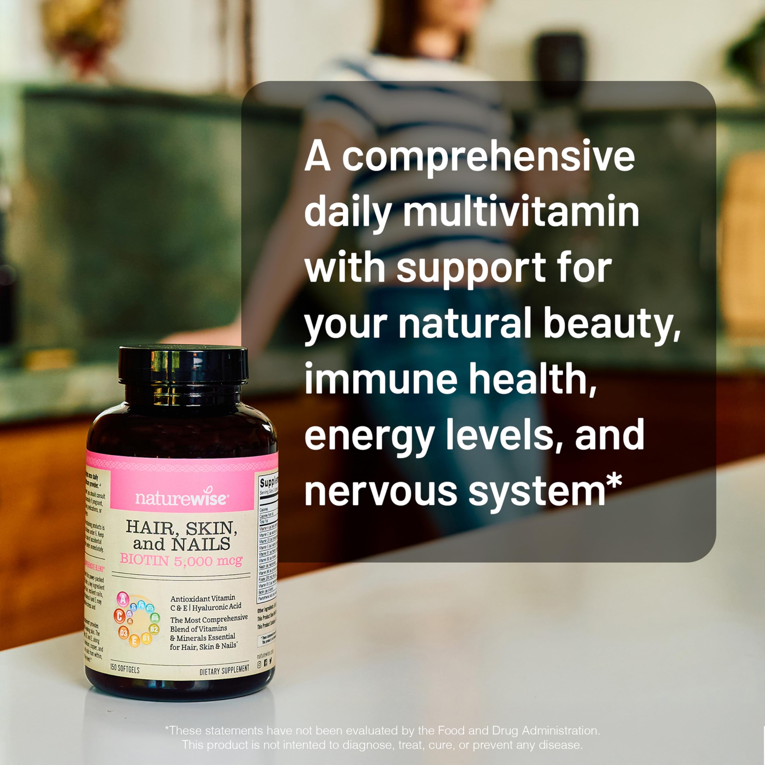 NatureWise Hair Skin and Nails Vitamin, Biotin 5000mcg w/Hyaluronic Acid, Collagen for Women with C, B Complex, D3, A, E, Iron