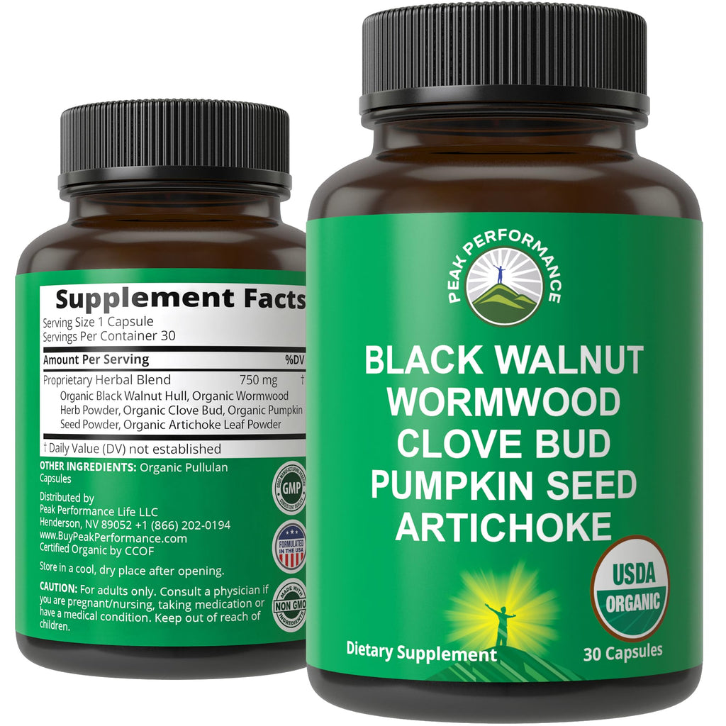 USDA Organic Wormwood Black Walnut Clove Cleanse for Humans. Elimination Detox + Intestinal Support Capsules Supplement for Adults and Kids. Pills with Artichoke and Pumpkin Seed for Added Benefits Peak Performance Au supplements