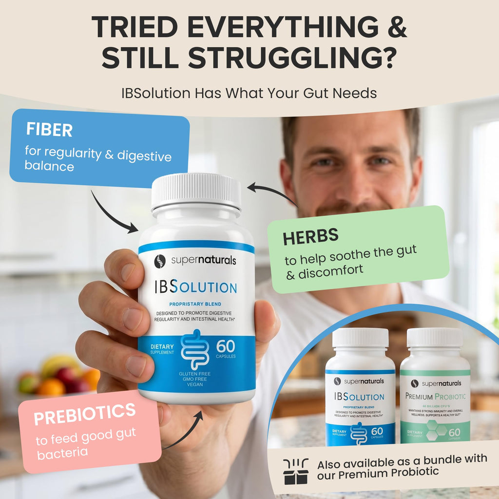 SuperNaturals IBSolution - Made in USA, Non-GMO, Gluten Free & Vegan (60 Capsules) - Digestive Gut Health Supplement With Psyllium Husk - Gas, Bloating, Diarrhea