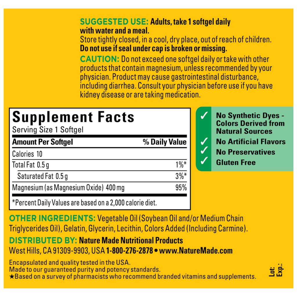 Nature Made Magnesium Oxide 400 mg Softgels, Extra Strength Magnesium Supplements for Men and Women, Support for Muscle, Nerve, Bone and Heart, 110 Day Supply Nature Made Au supplements