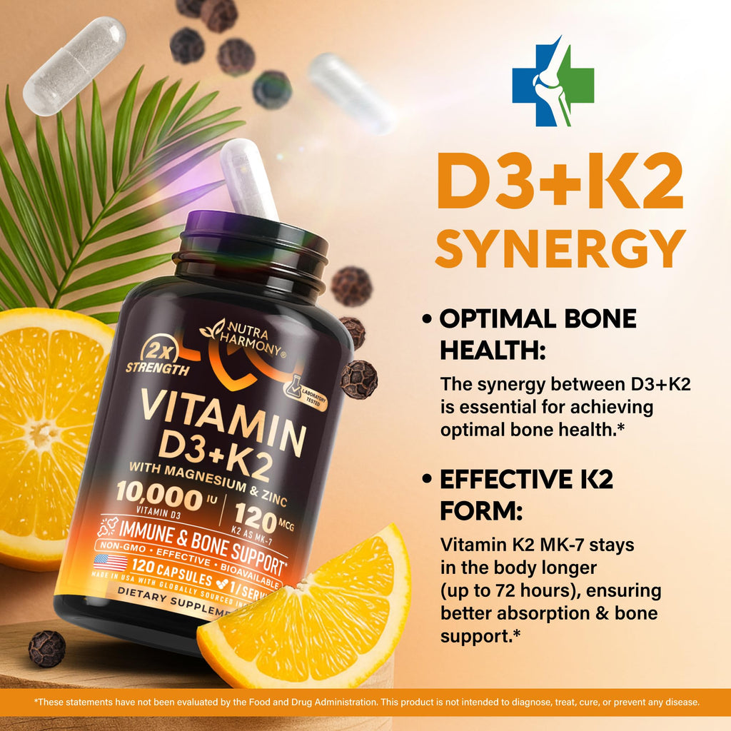 Vitamin D3 K2 - Vitamin D3 10000 iu & K2 as MK-7 120 mcg - Immune & Mood Support, for Bone & Teeth Health - with Magnesium, Zinc & Vitamin C & B12 - Highly Bioavailable