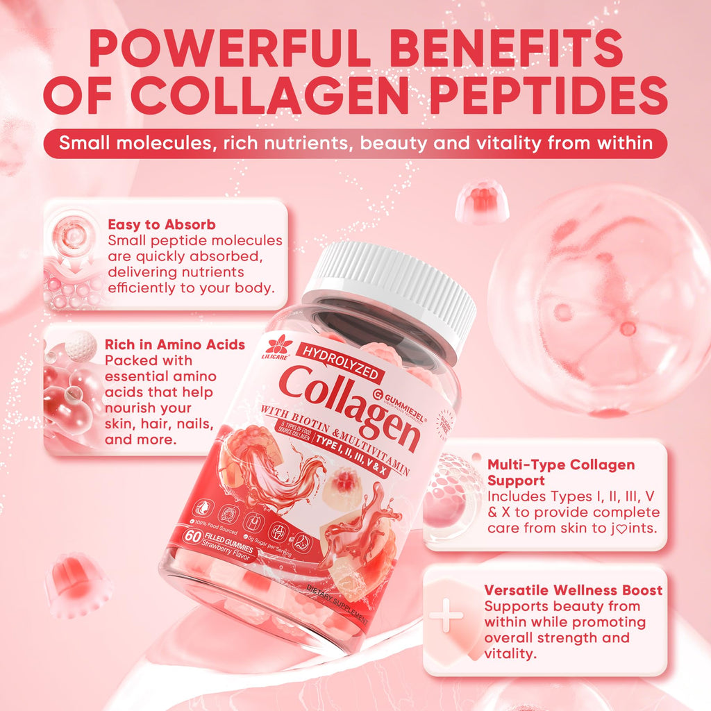 Collagen Peptide Gummies for Women & Men Sugar-Free, Multi Collagen Hydrolyzed w/ 1500mg Protein Type I,II,III,V,X, 5000mcg Biotin, Methylated B12, Vitamin C A E D3 B6
