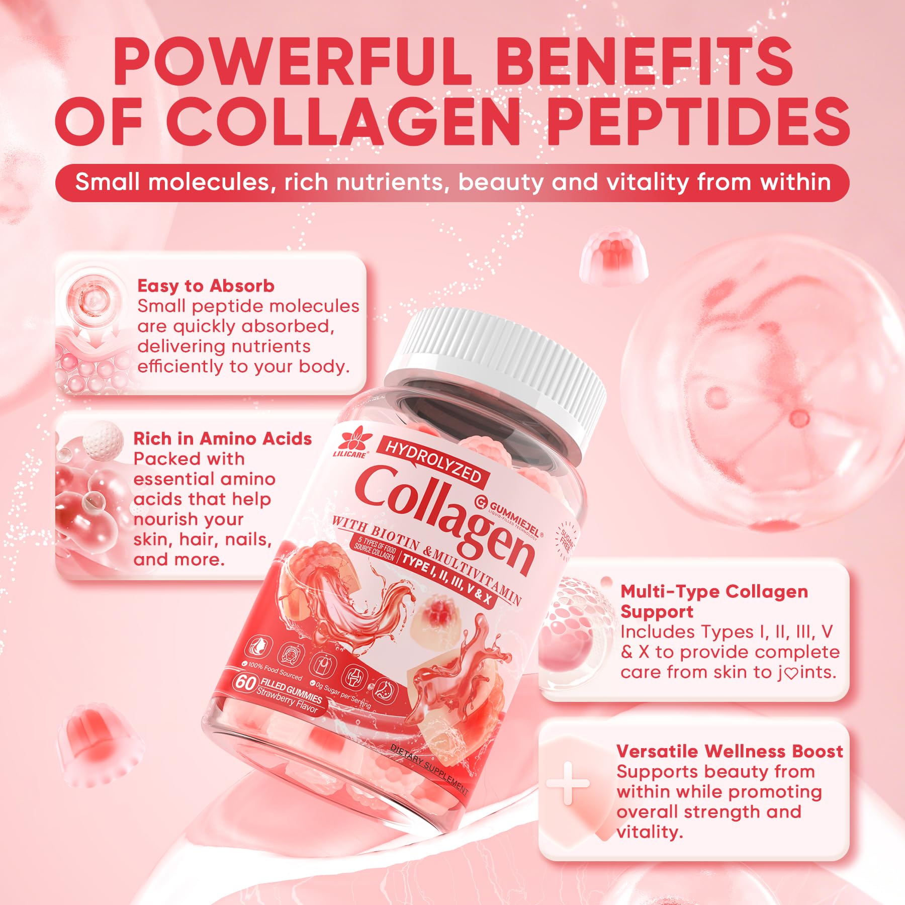 Collagen Peptide Gummies for Women & Men Sugar-Free, Multi Collagen Hydrolyzed w/ 1500mg Protein Type I,II,III,V,X, 5000mcg Biotin, Methylated B12, Vitamin C A E D3 B6