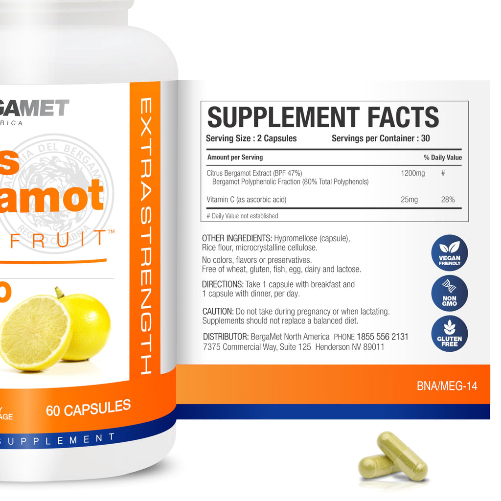 BergaMet Citrus Bergamot Supplement, 170:1 Extract, 1200mg per Serving, 80% Polyphenols, Italian Citrus Bergamot Supplement,