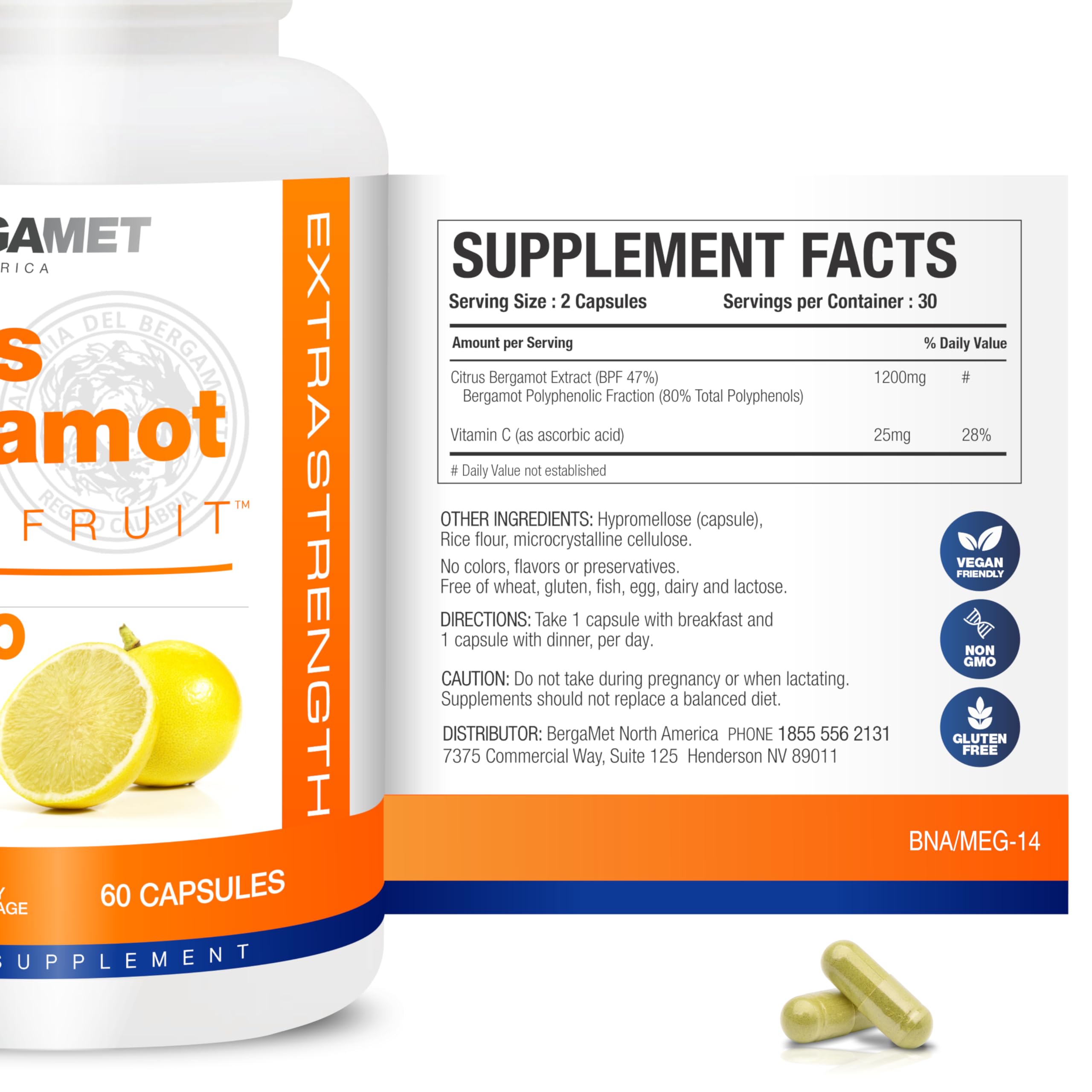 BergaMet Citrus Bergamot Supplement, 170:1 Extract, 1200mg per Serving, 80% Polyphenols, Italian Citrus Bergamot Supplement,