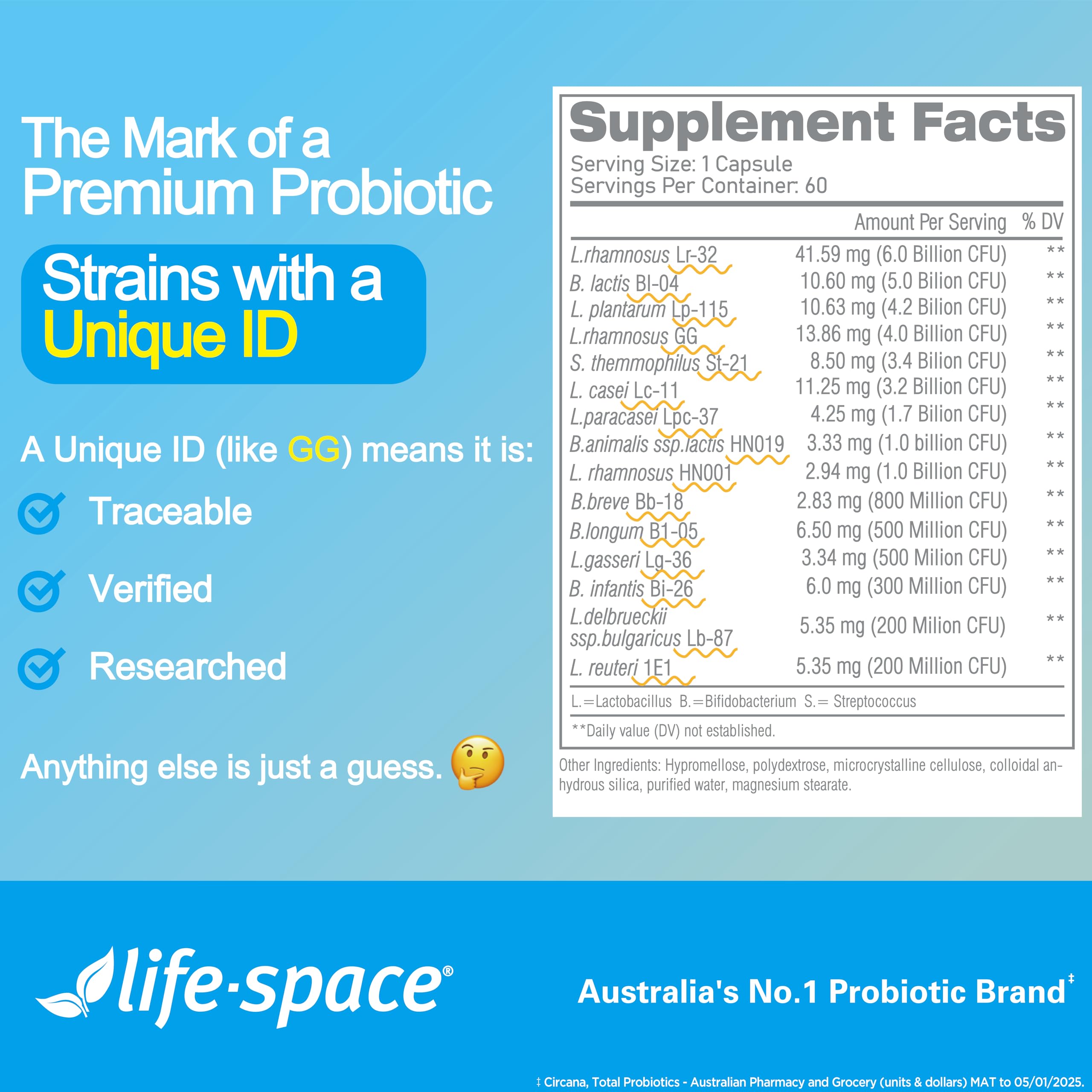 Life-Space Premium Broad Spectrum Probiotics, 2 Month Serving, 32 Billion CFU & 15 Diverse Strains, Formulated for Daily Digestive Health & Immune Health,