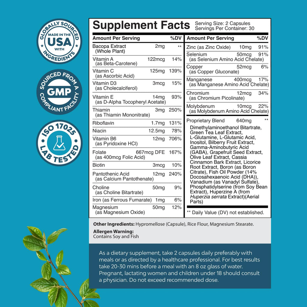 Nootropic Brain Supplement for Memory and Focus Support - Vitamins for Mental Support & Clarity with Bacopa Monnieri, VIT A, B6, Riboflavin, Niacin, Thiamin & Folate