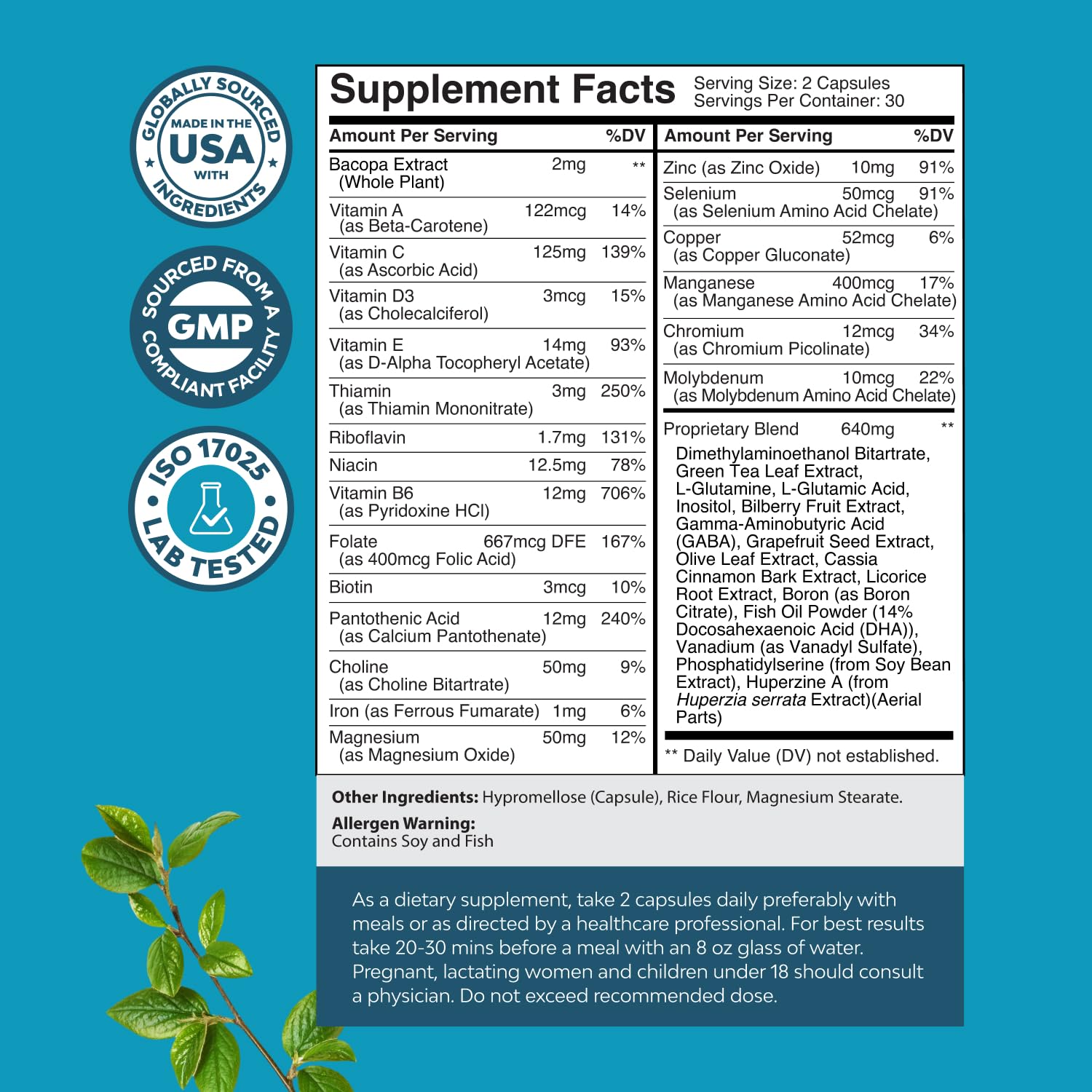Nootropic Brain Supplement for Memory and Focus Support - Vitamins for Mental Support & Clarity with Bacopa Monnieri, VIT A, B6, Riboflavin, Niacin, Thiamin & Folate