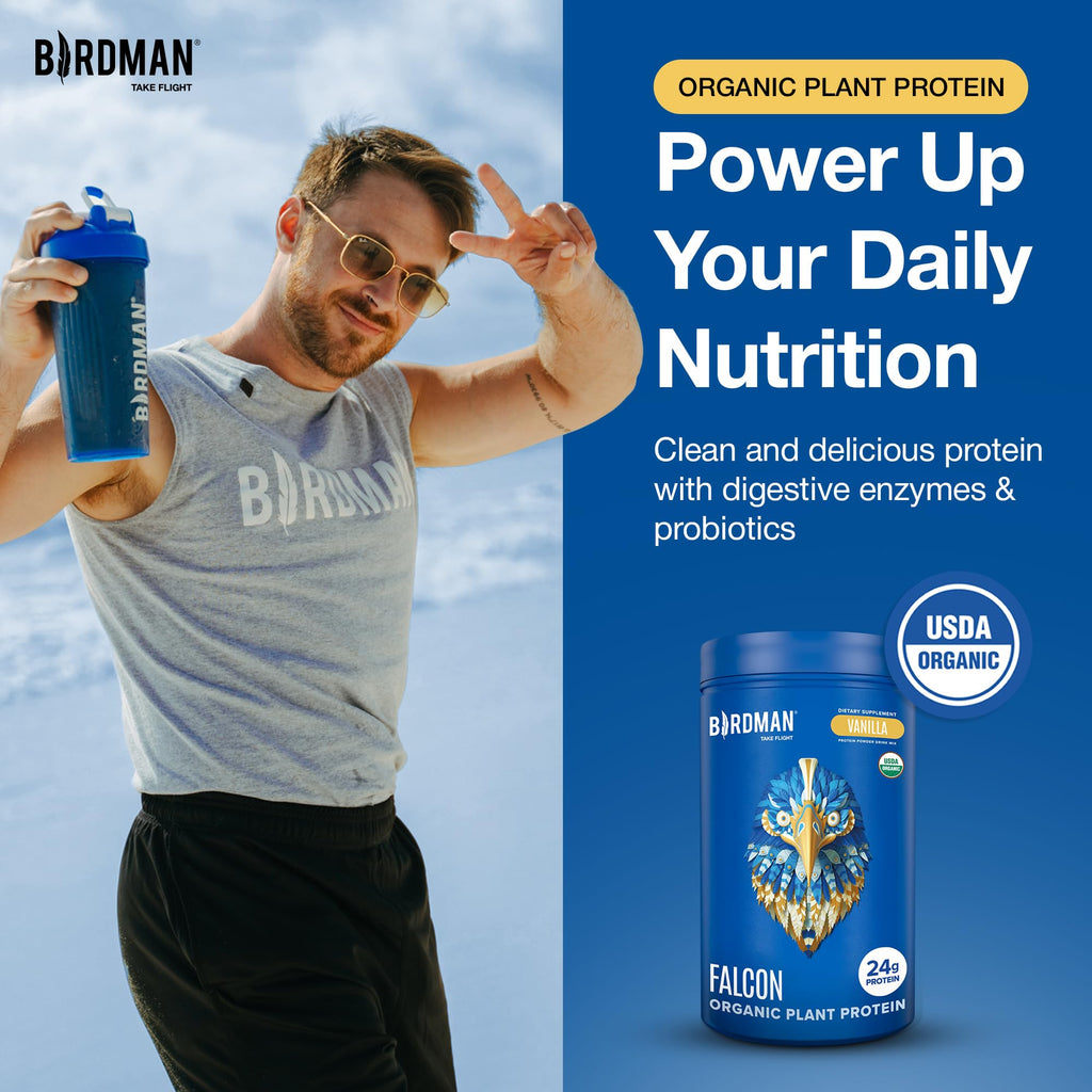 BIRDMAN Falcon Organic Vegan Protein Powder Vanilla, 24g Protein, Sugar Free, Probiotics, Low Carb, Keto Friendly, Dairy Free, Lactose Free, Non Whey