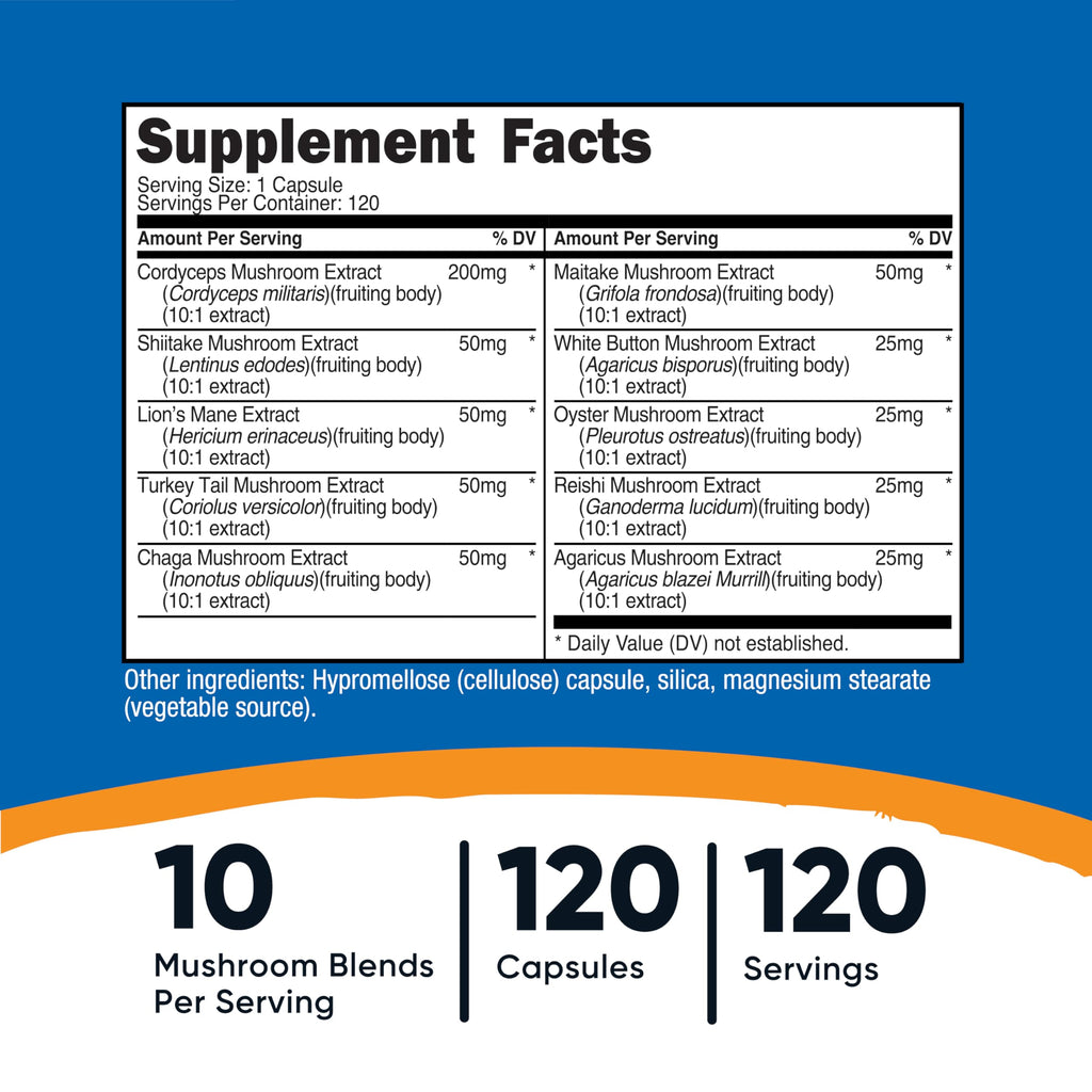 Nutricost Mushroom Complex Supplement, 120 Capsules - 10 Mushroom Blend (with Reishi, Maitake, Shiitake, Lion's Mane, and More) - Non-GMO and Gluten Free Nutricost Au supplements