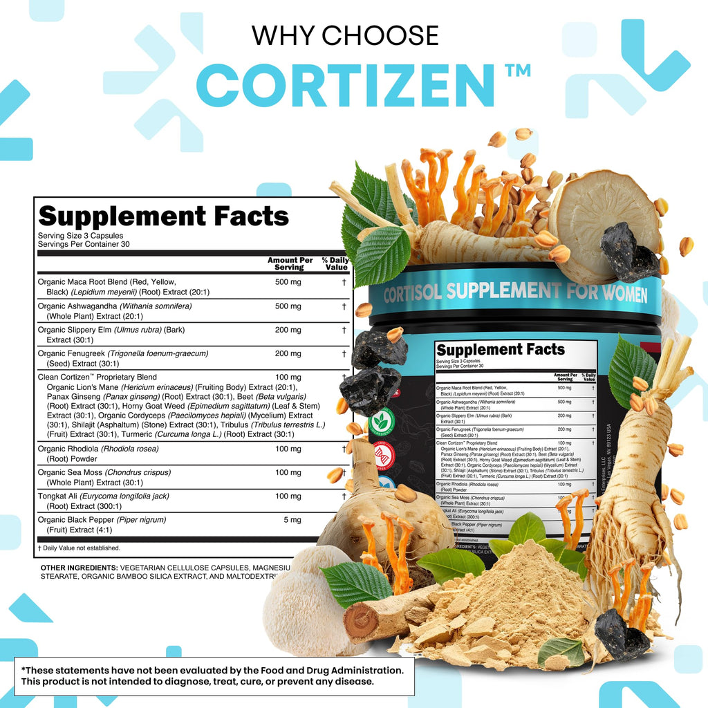Clean Nutra Cortisol Supplements For Women | Maca Root Ashwagandha Cortisol Detox Manager Reducer + Slippery Elm Fenugreek Lions Mane Shilajit Rhodiola Sea Moss Tongkat Ali Cordyceps Ginseng Beet Root Clean Nutraceuticals Au supplements