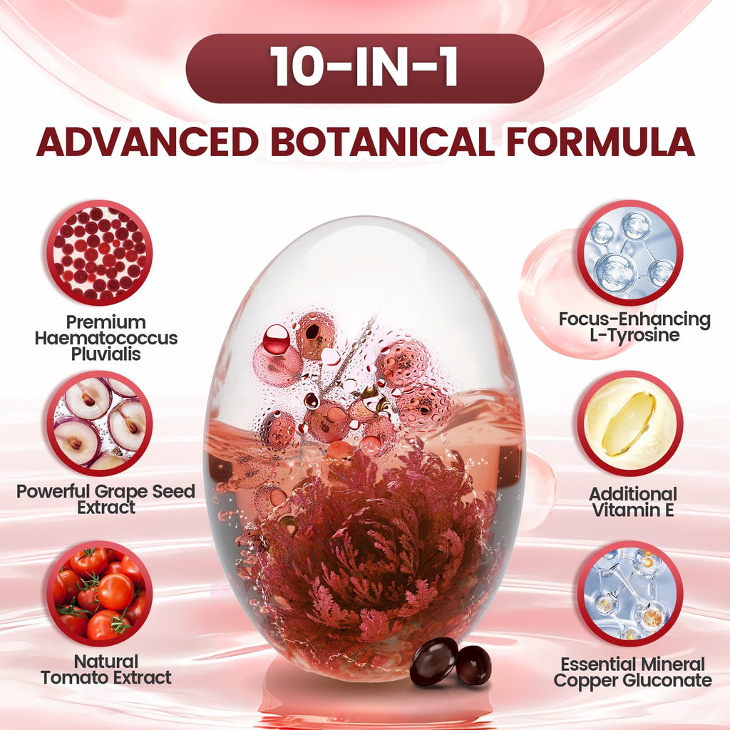 10 in 1 Astaxanthin Supplements 24mg, 4 Month Supply, Astaxantina Antioxidant from Fresh Haematococcus Pluvialis, Contains Lycopene, Grape Seed, Vitamin E