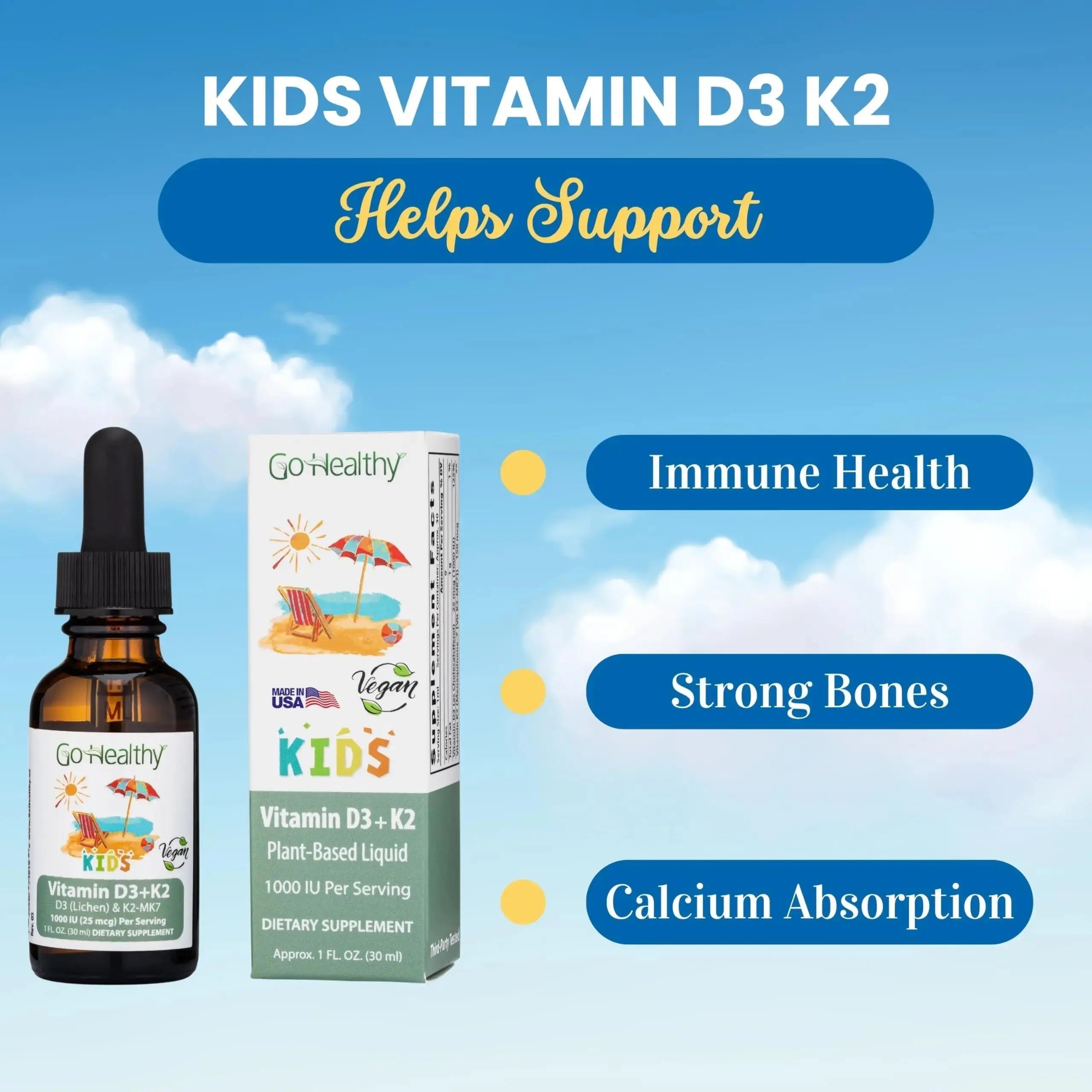 Go Healthy Kids Vitamins D3 K2 (MK-7), Child Vitamin D, Liquid Vegan D3 K2 Drops for Kids Go Healthy Natural Au supplements