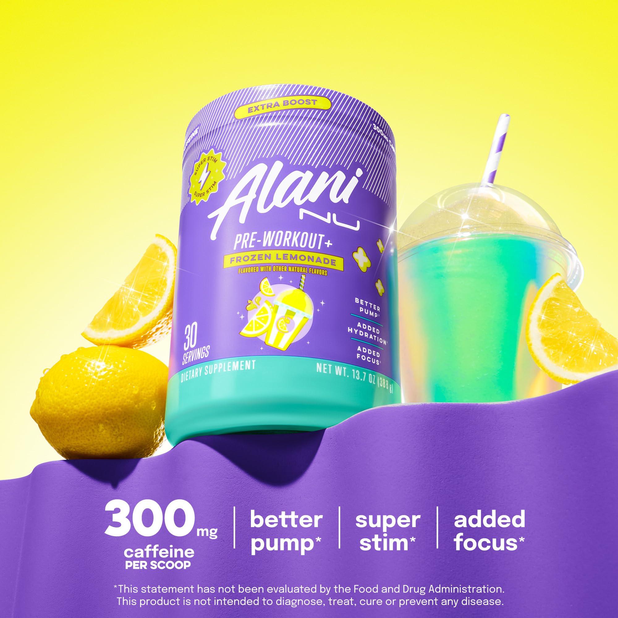 Alani Nu Pre Workout+ Powder Frozen Lemonade, Extra Boost, Sugar Free, 300mg Caffeine, L-Theanine, Beta-Alanine, Citrulline, 30 Servings