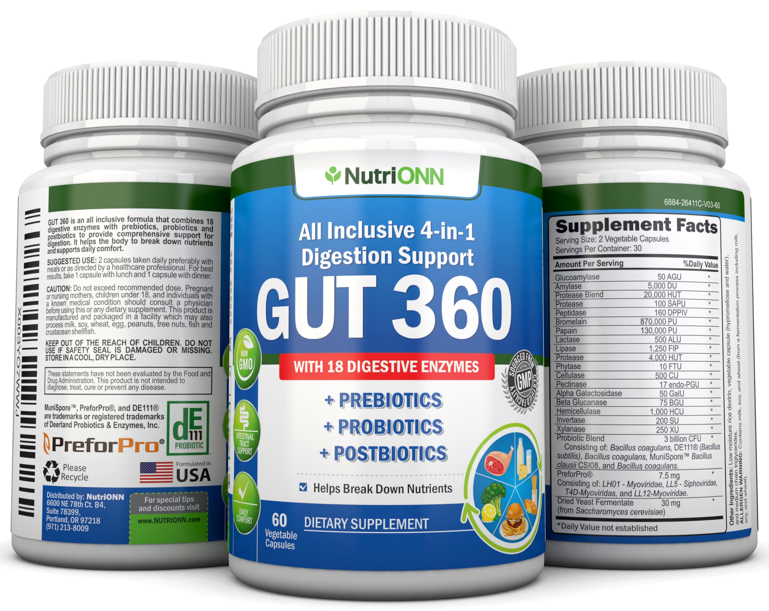 4-in-1 Probiotics, Prebiotics & Postbiotics with 18 Digestive Enzymes for Women & Men - Complete Gut & Digestive Support Supplement