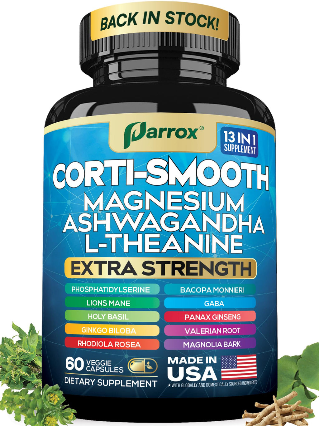 Parrox Corti-Smooth Cortisol Supplement Magnesium, L-Theanine, Ashwagandha, Phosphatidylserine, Valerian Root, Lions Mane, Bacopa Monnieri, Ginkgo Biloba, Panax Ginseng, Magnolia Bark, GABA (60 Caps) Parrox Au supplements