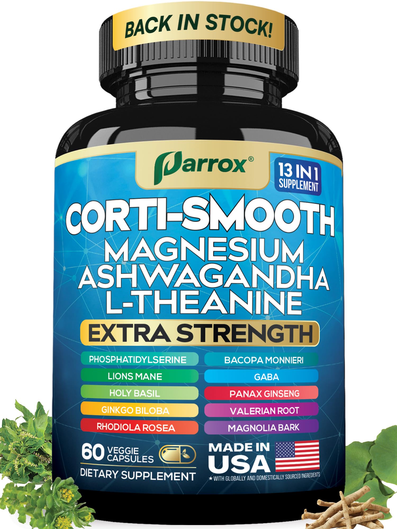Parrox Corti-Smooth Cortisol Supplement Magnesium, L-Theanine, Ashwagandha, Phosphatidylserine, Valerian Root, Lions Mane, Bacopa Monnieri, Ginkgo Biloba, Panax Ginseng, Magnolia Bark, GABA (60 Caps) Parrox Au supplements