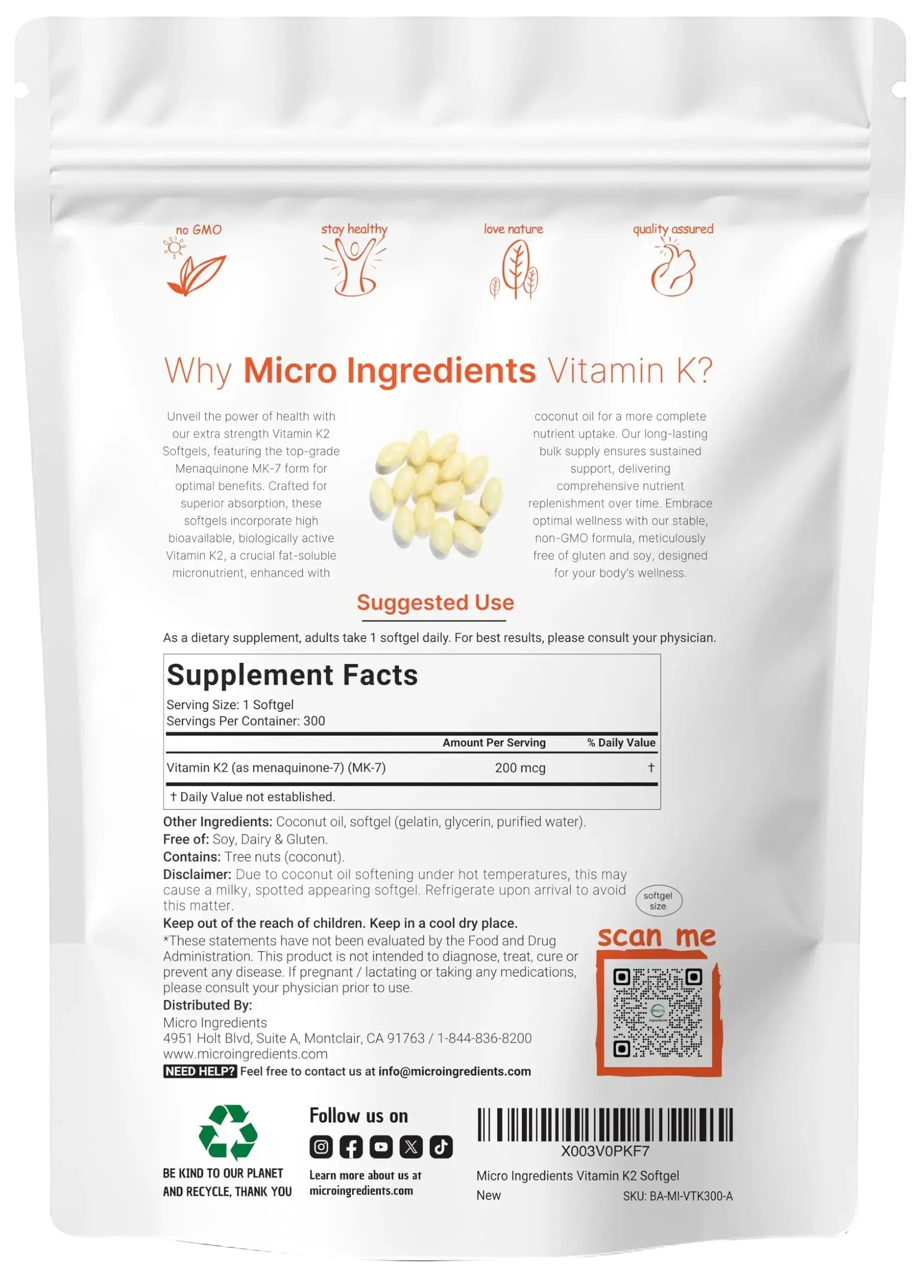 Micro Ingredients Vitamin K2 MK-7 Supplement, 200 mcg Per Serving, 300 Coconut Oil Softgles | Easily Absorbed, Active Menaquinone Form | Micro Ingredients Au supplements