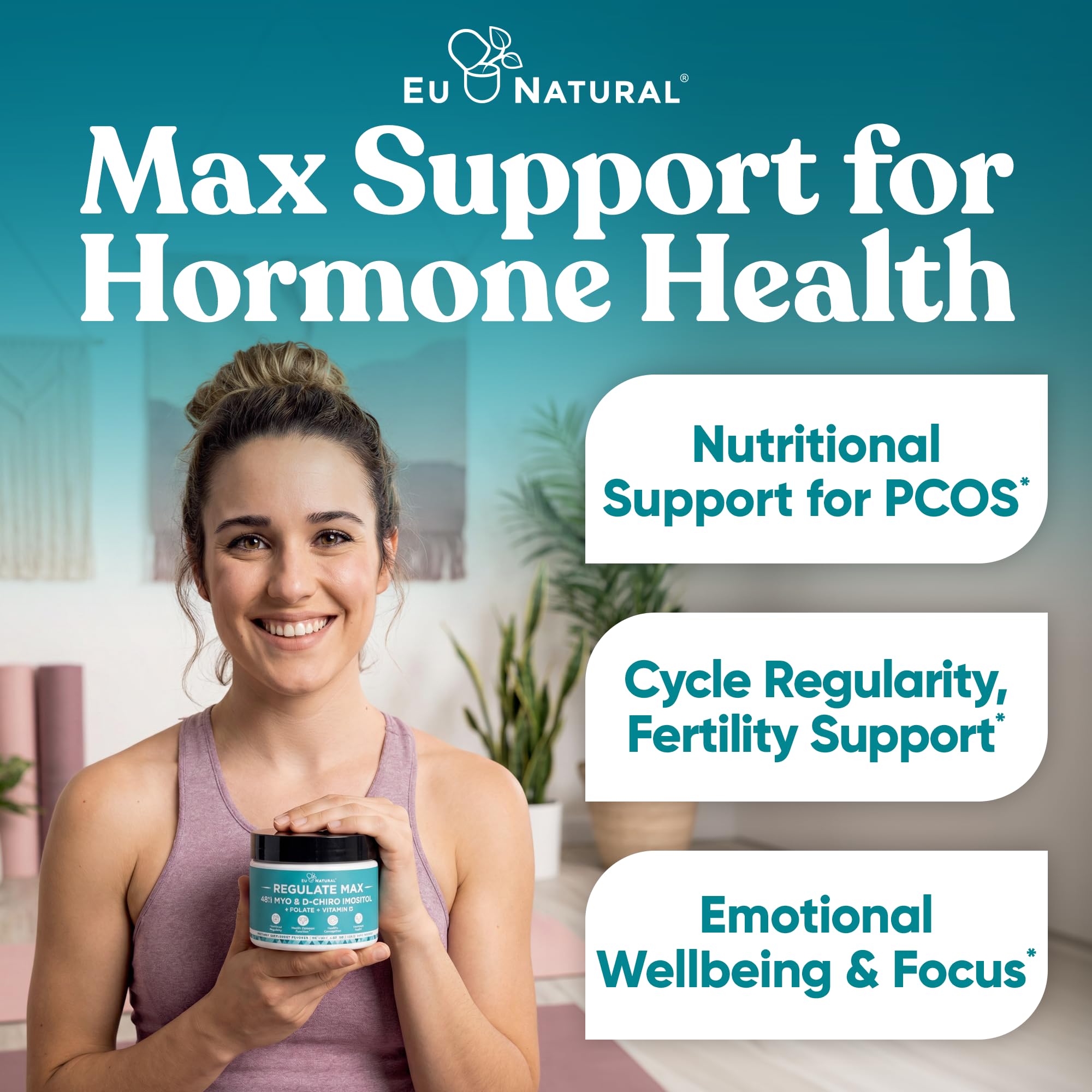 Eu Natural Regulate MAX Myo-Inositol & D-Chiro Inositol Supplement Powder for Women with Vitamin D & Folate Nutritional Support, Hormone Balance & Fertility Support, Unflavored 60 Servings Eu Natural Au supplements