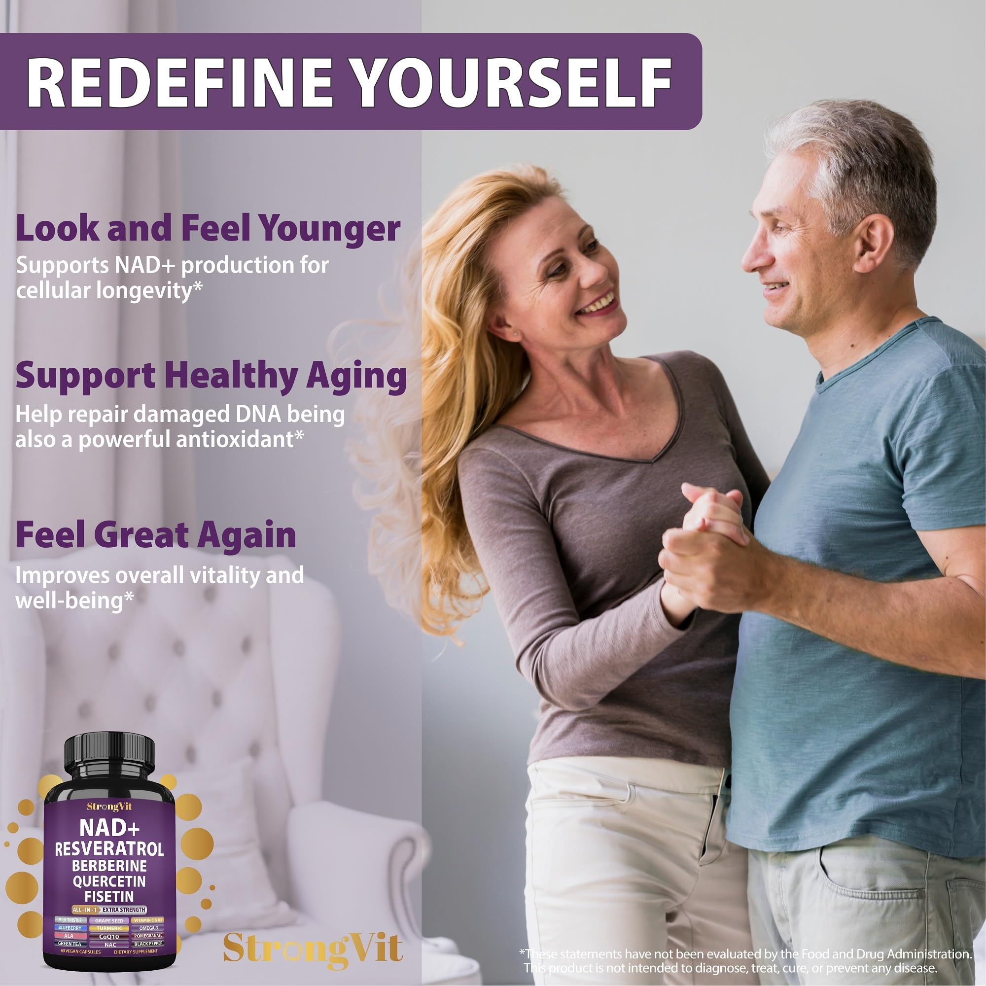 NAD Resveratrol Supplement with Berberine, Quercetin, CoQ10. Anti-Aging Formula for Women & Men. Liposomal NAD Plus, NAD+ Booster, Pure Organic Vitamin, USA StrongVit Au supplements