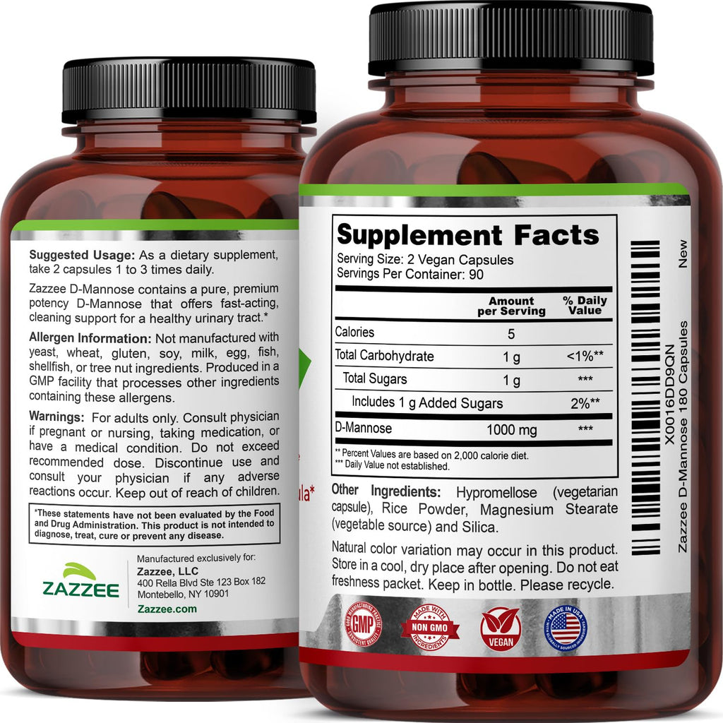 Zazzee D-Mannose, 1000 mg per Serving, 180 Vegan Capsules, 3 Month Supply, Potent & Fast-Acting, Certified Kosher, 100% Pure, All-Natural Urinary Tract Health Support