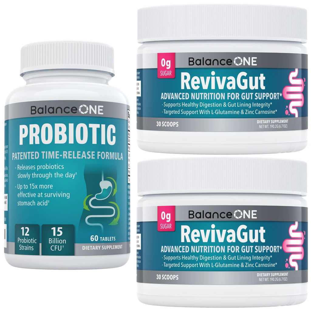 Balance ONE 2-Month Complete Digestive Support Bundle – Intestinal Barrier & Microbiome Kit – Includes 2X RevivaGut Powder & 1x Daily Probiotic (3 Pieces) Balance ONE Au supplements
