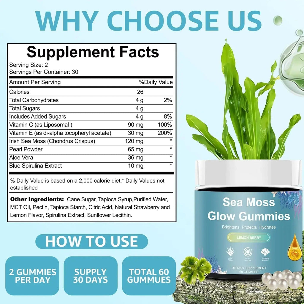 HICFRWE Sea Moss Glow Gummies - Hair Gummies with Vitamin C, Vitamin E, Aloe Vera, Pearl Powder Supports Faster Hair Growth HICFRWE Au supplements