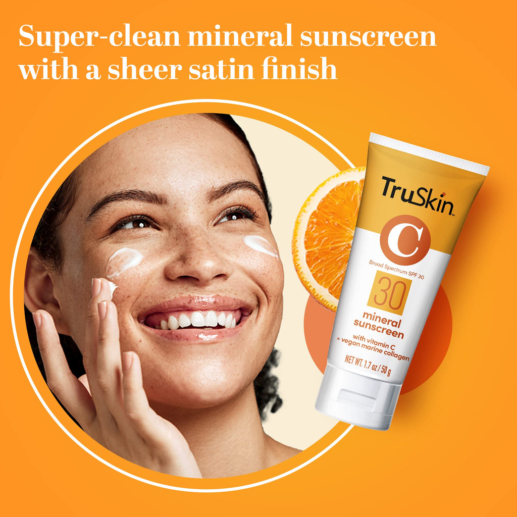 TruSkin Mineral Sunscreen SPF 30 for Face - Zinc Oxide Broad Spectrum Protection with Squalane, Vitamin C & Marine Collagen