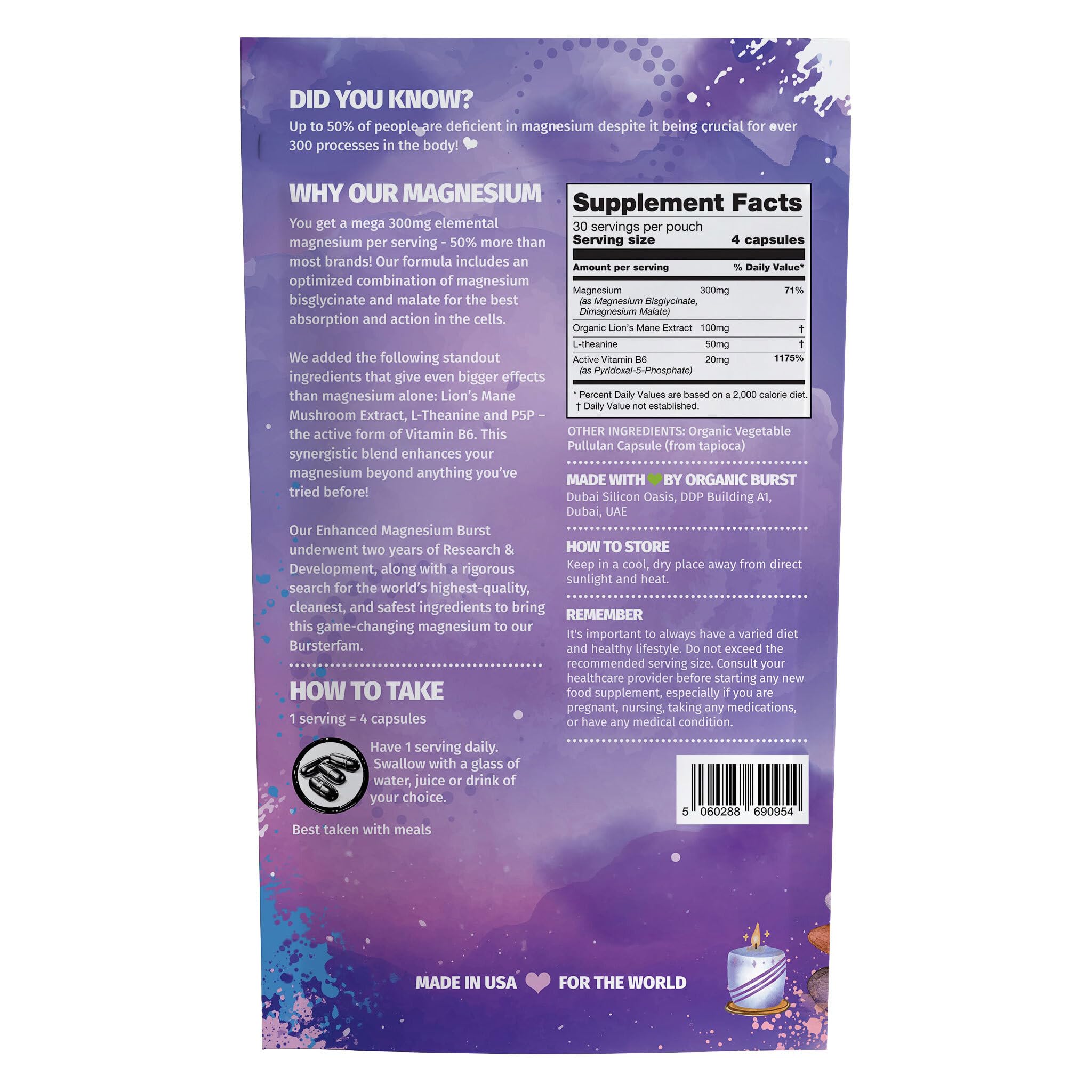 Enhanced Magnesium (Capsules) | Precise 300mg per Serving | Enhancement Blend: Organic Lion's Mane Extract, L-theanine, Active Vitamin B6 | 120 Capsules - by Organic Burst Organic Burst Au supplements