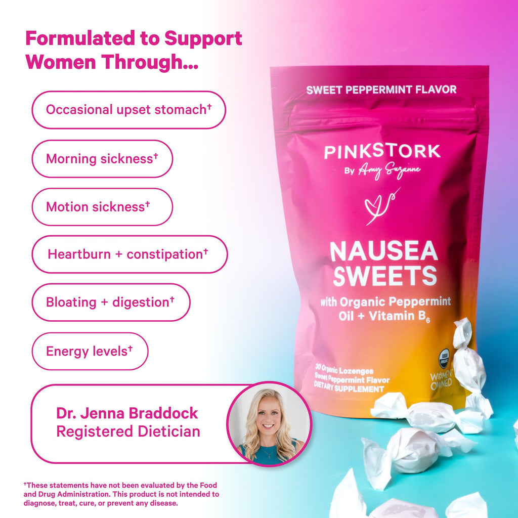 Pink Stork Organic Peppermint Sweets for Morning Sickness and Motion Sickness Support, Added Vitamin B6, 1st Trimester Pregnancy Must Haves - 30 Wrapped Peppermint Candies Pink Stork Au supplements