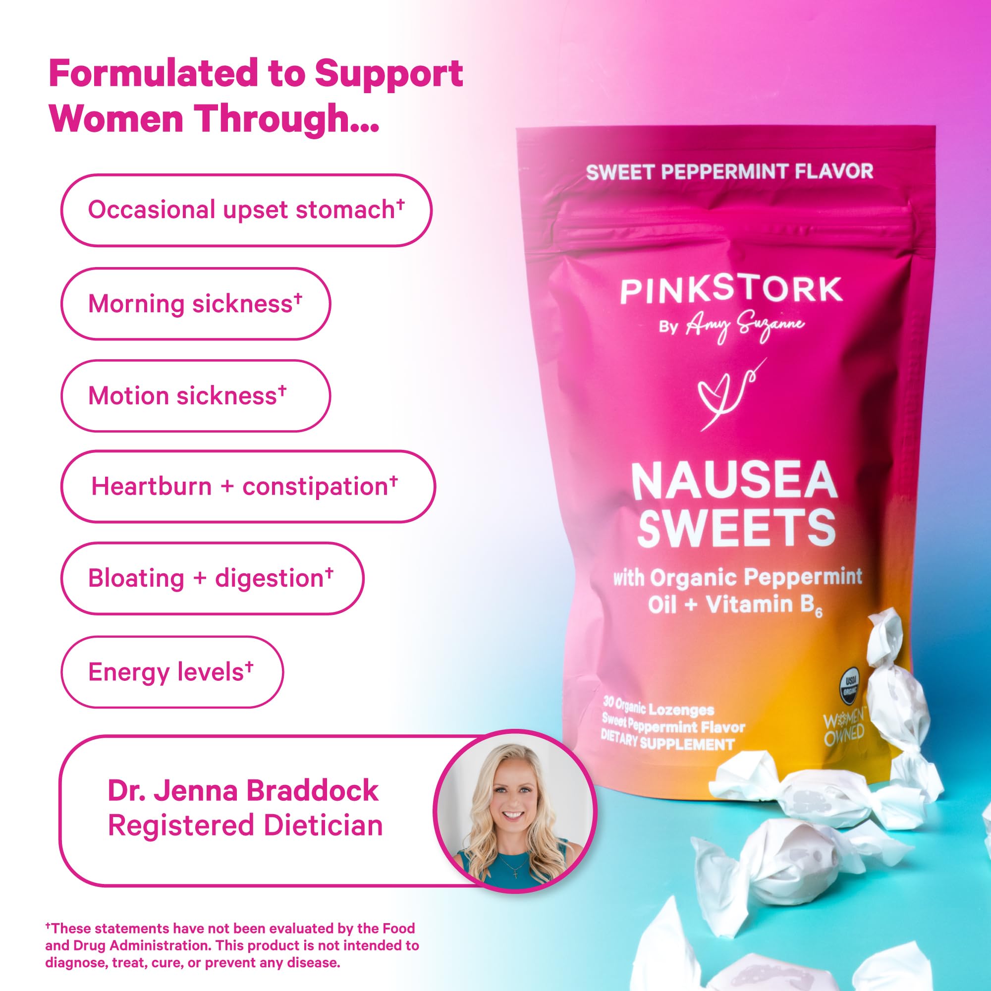Pink Stork Organic Peppermint Sweets for Morning Sickness and Motion Sickness Support, Added Vitamin B6, 1st Trimester Pregnancy Must Haves - 30 Wrapped Peppermint Candies Pink Stork Au supplements