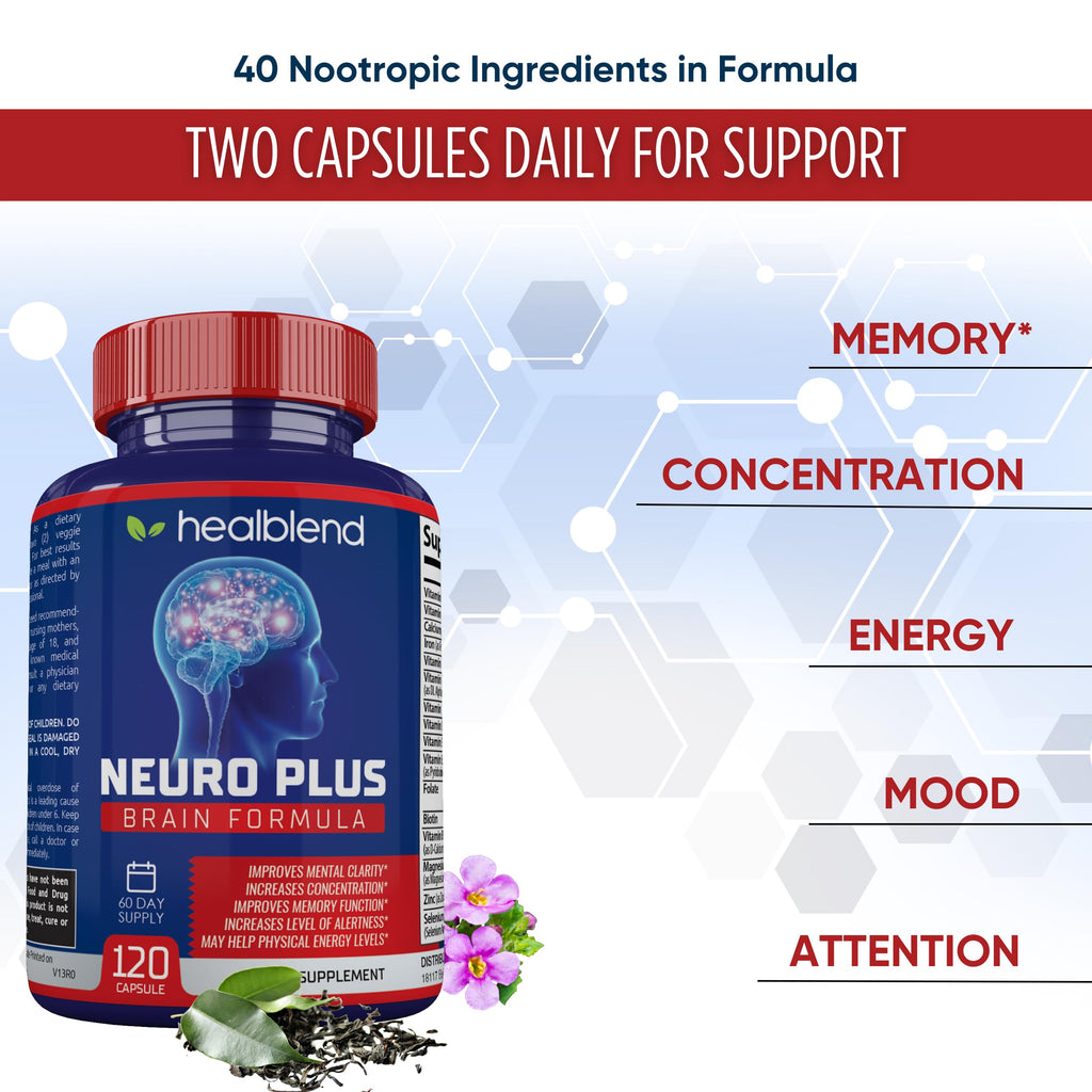Neuro Plus Brain & Focus Formula - Nootropic Brain Booster Supplement, Supports Brain Health, Mental Clarity & Focus - Enhances Concentration & Mental Energy – 120 Capsules (1) healblend Au supplements