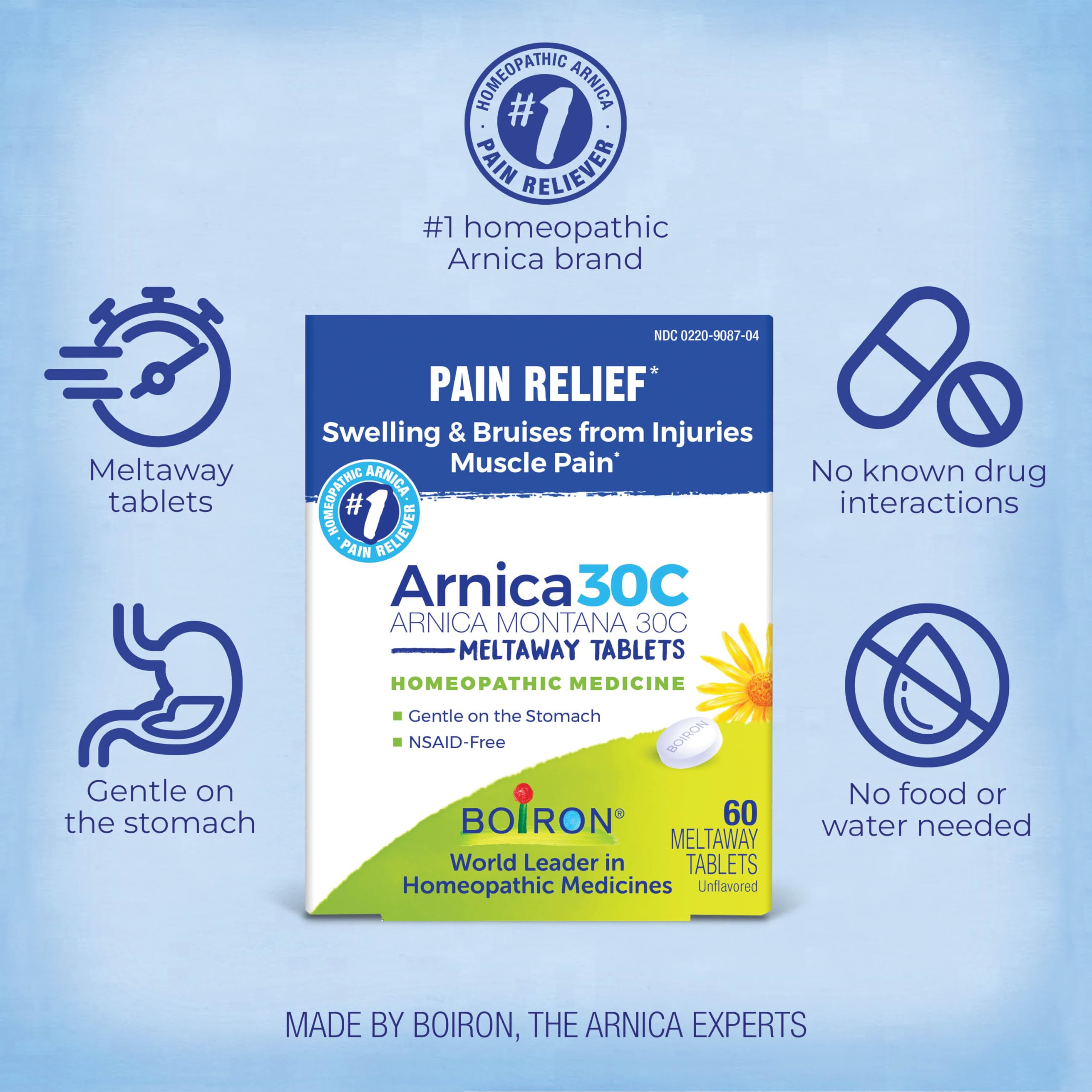 Boiron Arnica 30C Tablets for Pain Relief from Muscle Pain, Joint Soreness, Swelling from Injury or Bruises - 60 Count Boiron Au supplements