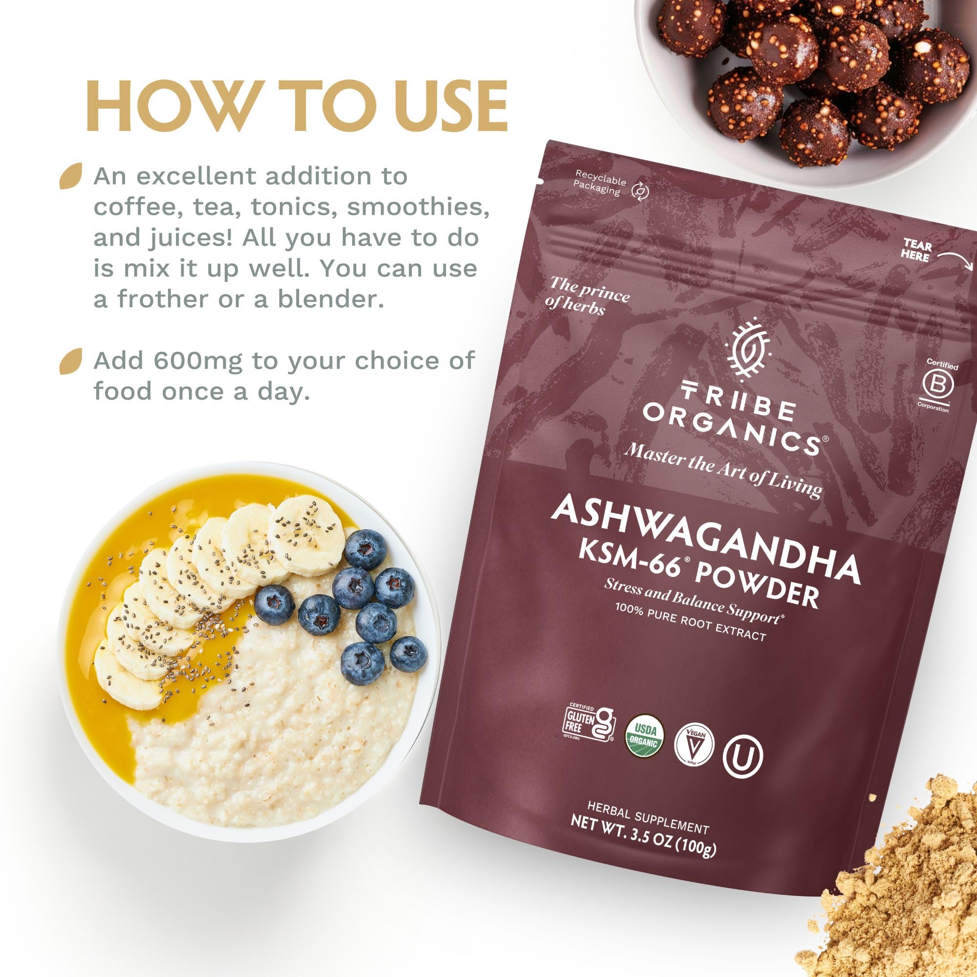 TRIBE ORGANICS KSM-66 Ashwagandha Root Extract Powder Ayurvedic Herb for Mood Support | Increase Energy | Strength - Organic | Natural | Gluten Free | Non GMO | Full-Spectrum - 100g Pouch TRIBE ORGANICS Au supplements