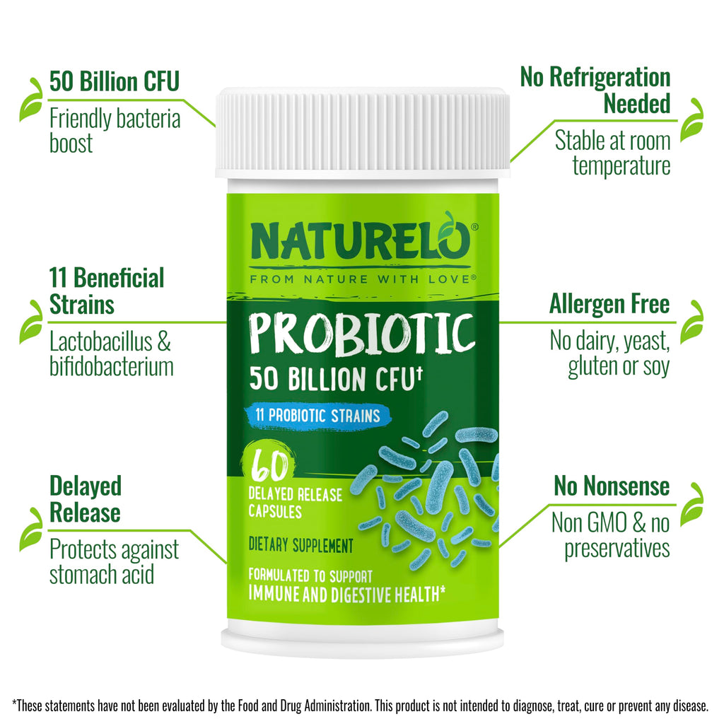 NATURELO Probiotics for Digestive Health, 50 Billion CFU, 60 Vegetarian Capsules, 11 Strains, Daily Use Supplement, Delayed Release, No-Fridge, Boosts Immune System, Probiotics for Women & Men NATURELO Au supplements