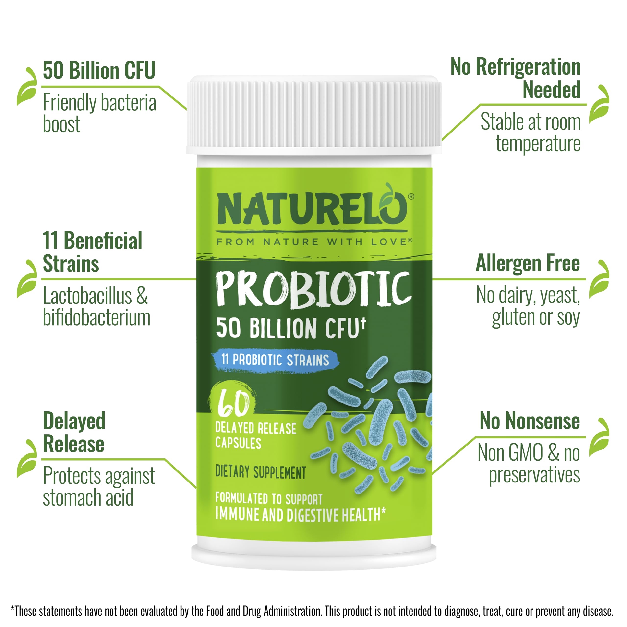 NATURELO Probiotics for Digestive Health, 50 Billion CFU, 60 Vegetarian Capsules, 11 Strains, Daily Use Supplement, Delayed Release, No-Fridge, Boosts Immune System, Probiotics for Women & Men NATURELO Au supplements