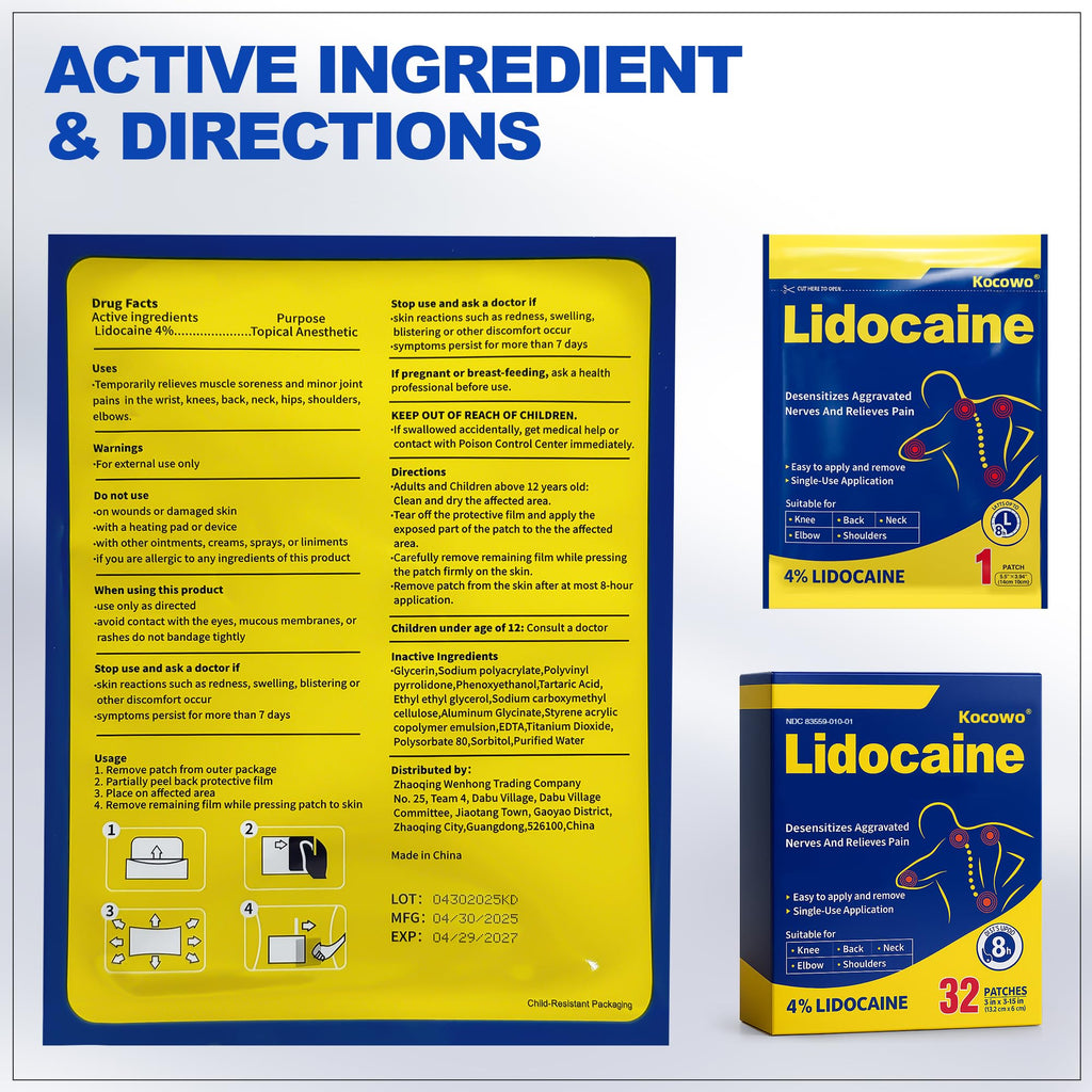 Kocowo 4% Lidocaine Maximum Strength Pain Relief Gel Patches with Auxiliary Patches for Neck Back Knee Joint Ache Muscle Soreness, 3.9” x 5.5”, 32-Count Box, NDC：83559-010-01 Kocowo Au supplements