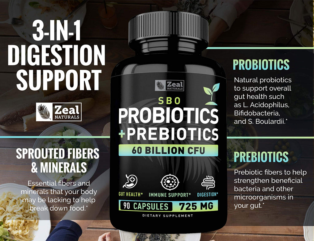 Probiotics and Prebiotics + SBO Probiotics (60 Billion CFU | 90 Capsules) Acidophilus Probiotic w. Saccharomyces Boulardii, Bifidobacterium + Spore Probiotic & Organic Sprouted Prebiotic Fiber Blend Zeal Naturals Au supplements