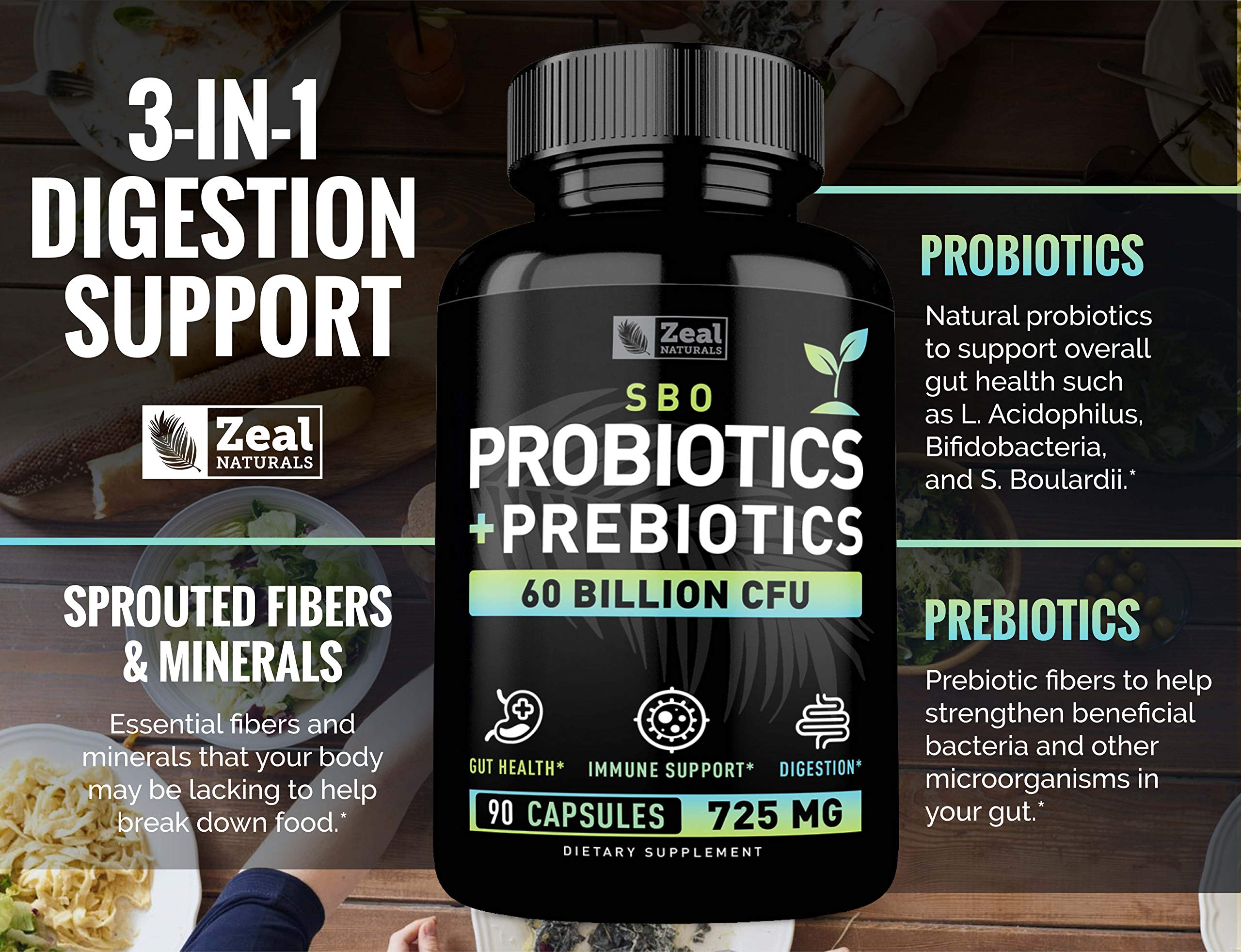 Probiotics and Prebiotics + SBO Probiotics (60 Billion CFU | 90 Capsules) Acidophilus Probiotic w. Saccharomyces Boulardii, Bifidobacterium + Spore Probiotic & Organic Sprouted Prebiotic Fiber Blend Zeal Naturals Au supplements