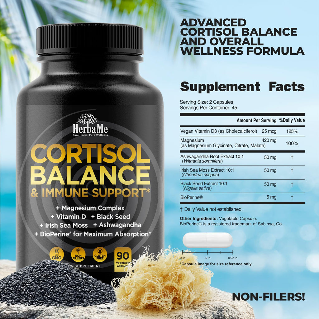Cortisol Balance and Immune Support Supplement with Ashwagandha, Irish Sea Moss, Black Seed, Vitamin D and Magnesium Complex | Mood Enhancer | Immunity Booster | Stress Relief Pills | 90 Capsules HerbaMe Au supplements