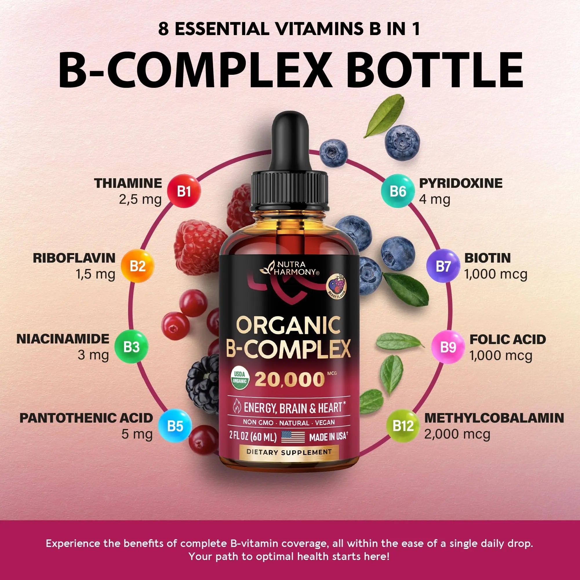 USDA Organic Vitamin B Complex Liquid Drops - 8-in-1 B Complex Vitamins: B1, B2, B3, B5 NUTRAHARMONY Au supplements