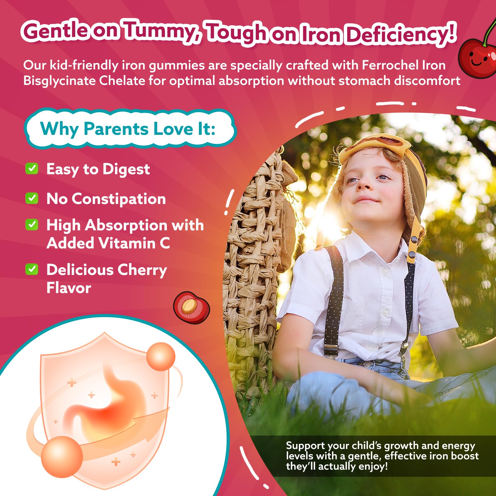 Iron Gummies for Kids & Teens, Kids Multivitamin with Iron Supplement, Calcium, Folate, Zinc, Prebiotic - for Blood Builder & Energy Support, Iron Deficiency - Vegan & Non-GMO - 60 Count Cherry CFILIHTC Au supplements