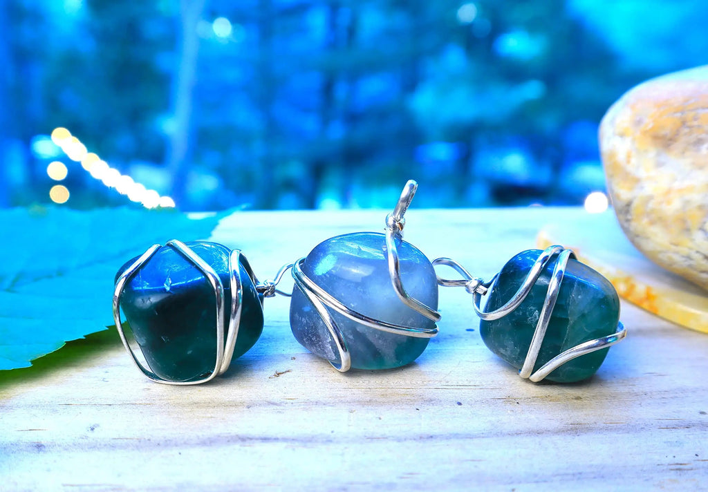 Shelf and Stone Rainbow Fluorite Wire Wrapped Pendant - Dark Hued Fluorite Crystal Necklace Shelf and Stone Au supplements