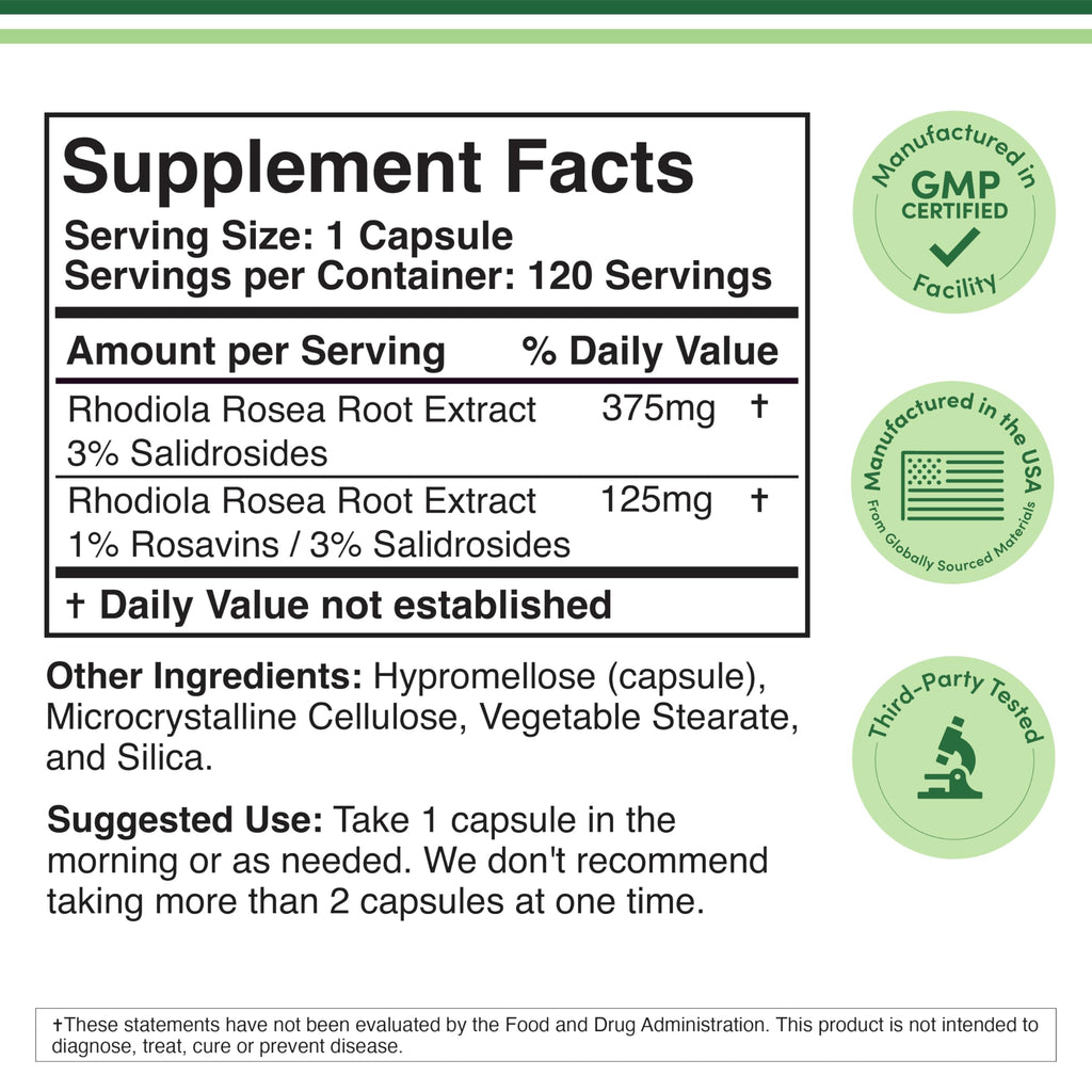 Rhodiola Rosea Supplement 500mg, 120 Vegan Capsules (Third Party Test, Gluten Free, 3% Salidrosides, 1% Rosavins Extract) for Performance,