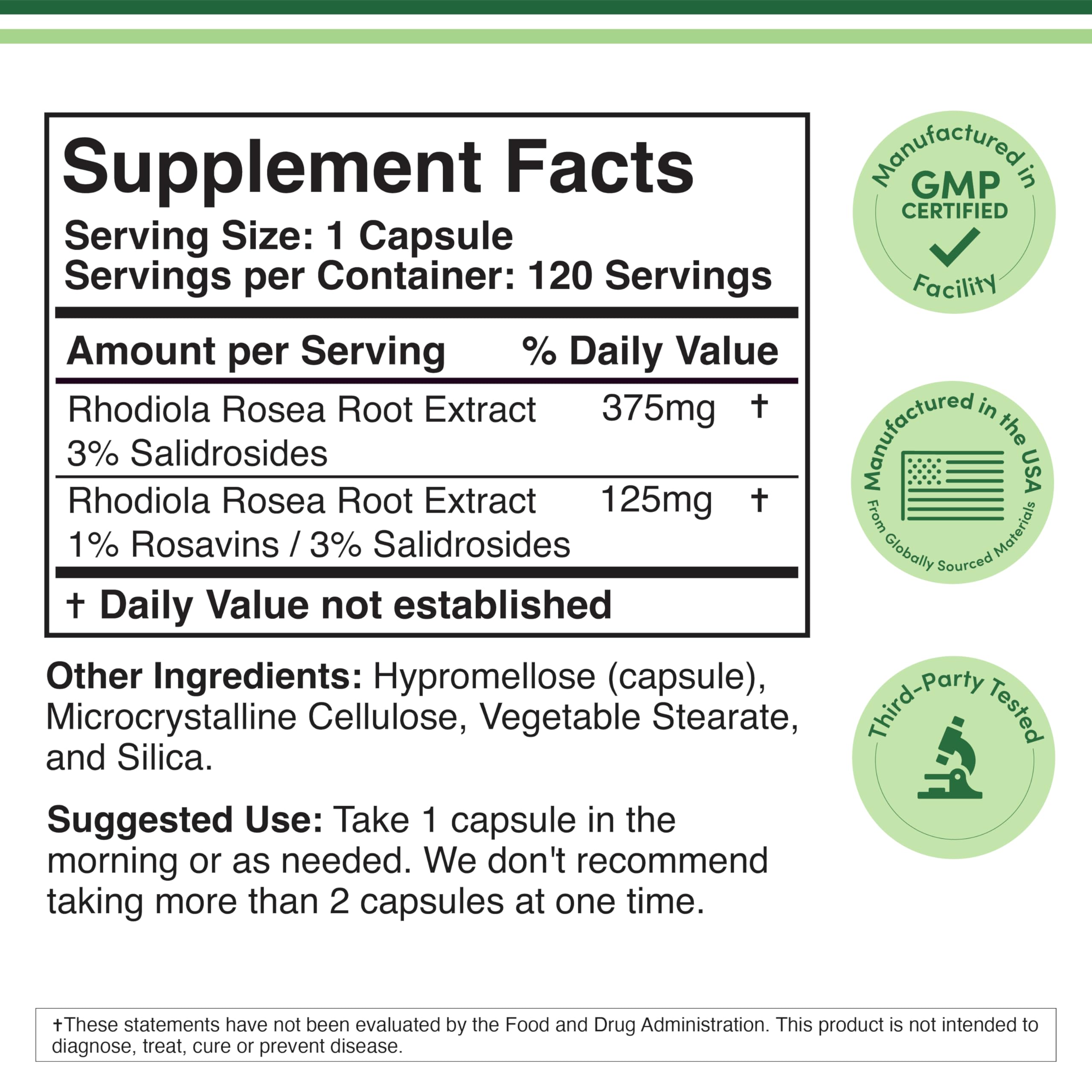 Rhodiola Rosea Supplement 500mg, 120 Vegan Capsules (Third Party Test, Gluten Free, 3% Salidrosides, 1% Rosavins Extract) for Performance,