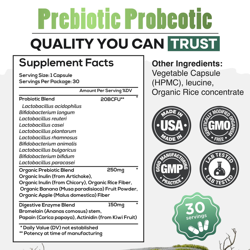 Wild Prebiotics and Probiotics with Digestive Enzymes | 20 Billion CFU - 10 Strains for Women & Men | Support Gut Health & Digestion Supplements | Non-GMO Prebiotic Fiber | 30 Capsules