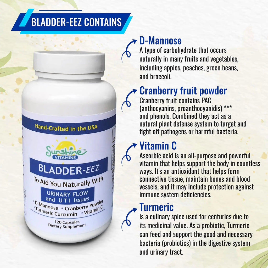 Sunshine Vitamins Bladder-EEZ | All-Natural Bladder Infection UTI Relief Support for Women with D-Mannose | Urinary Tract Infection Health with Immune System Support (1 Bottle of 120 Capsules) Sunshine Vitamins Au supplements